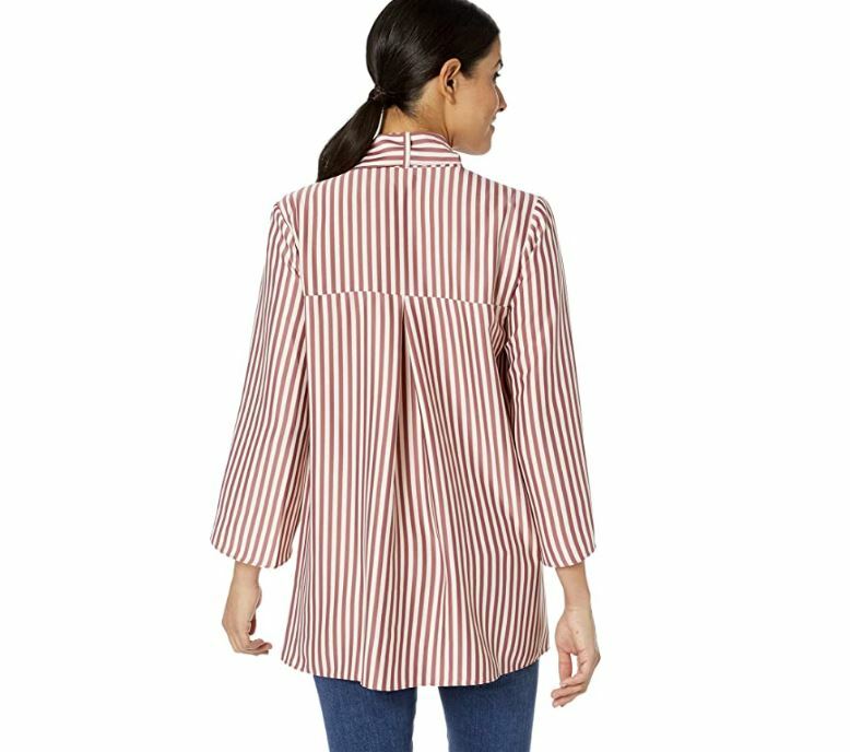 Kenneth Cole Womens L Rose Brown Striped Slit 3/4 Sleeve Scarf Tunic Top NWT