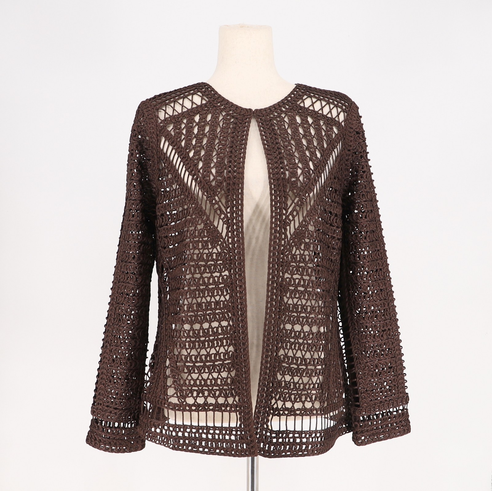 BEREK Open-Knit Crochet Macrame Cardigan Top Single Hook Dark Brown Size M
