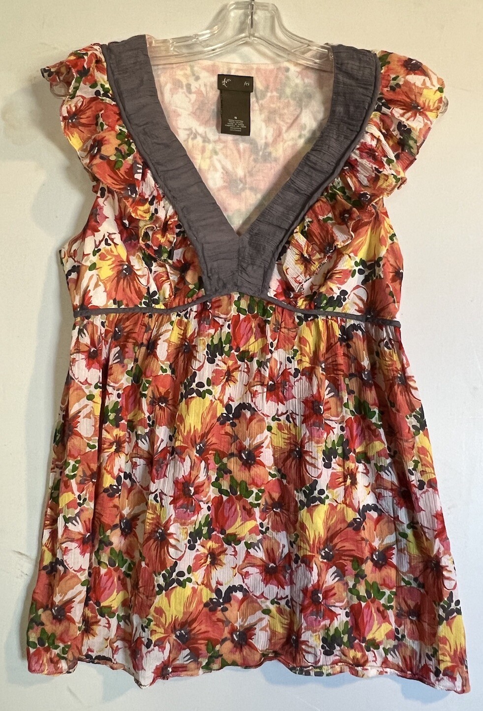 FEI WOMENS BLOUSE SIZE 6 FLORAL ORANGE CAP SLEEVE V NECK 100% COTTON
