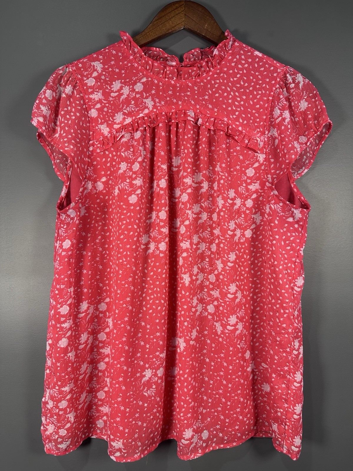 Joie Coral Pink Floral Ruffle Mock Neck Blouse Metallic Lurex Cap Sleeve Women