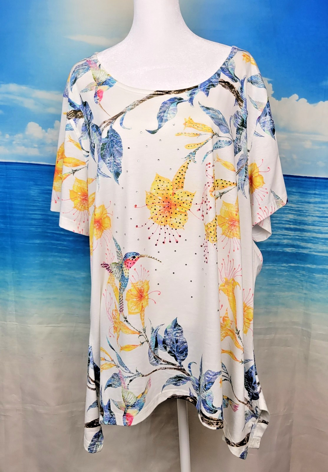 PRINCESS CRUISES Womans WHITE Tunic Top Multi Color Shirt Sharkbite Hem size 3x