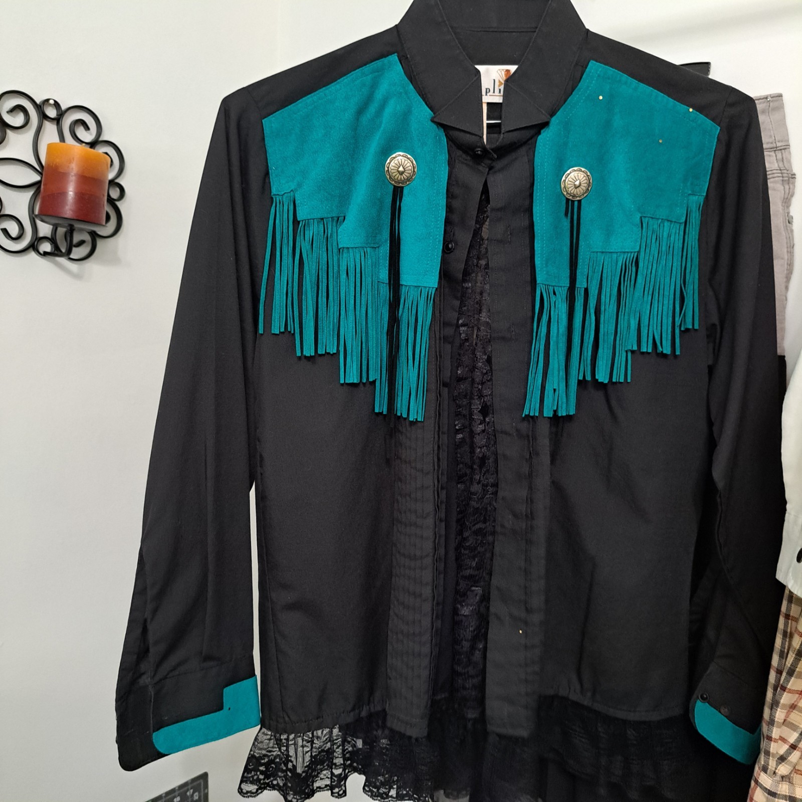 Black Lace Western Shirt with Green Suede Frenge Design Size Medium Western Wear