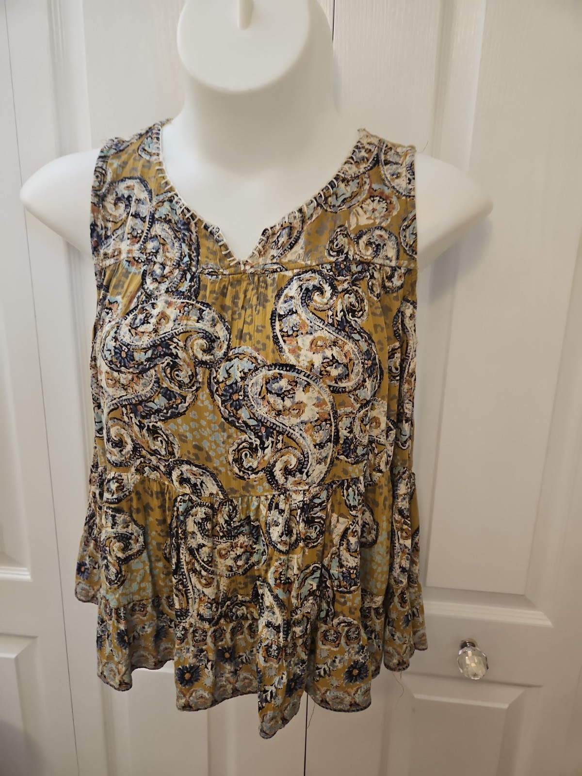 Lola P Floral Paisley Sleeveless Babydoll Tunic Tiered Boho Tan Size Large