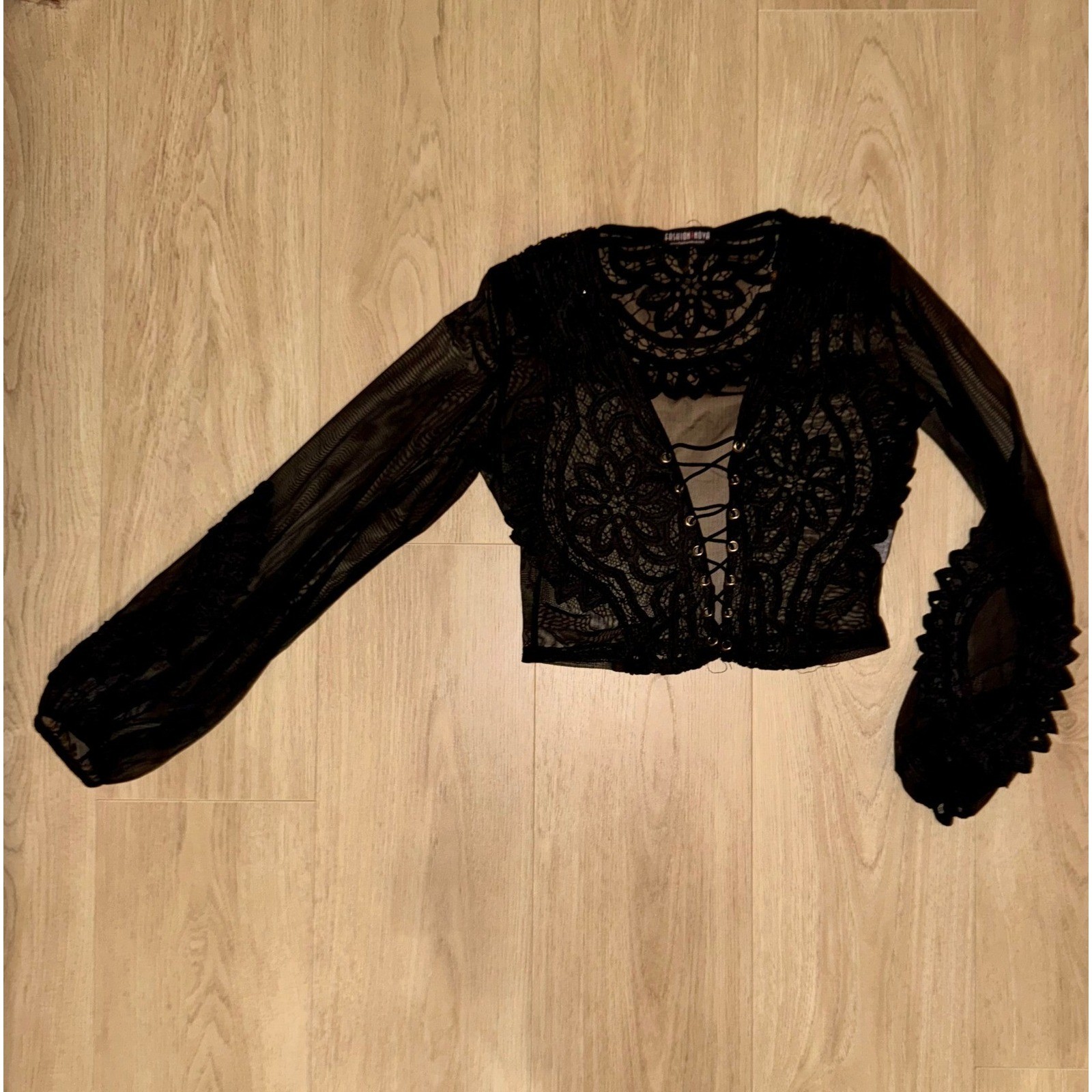 Fashion Nova Black Lace Crop Top Sheer Mesh Long Sleeve Lace Up Front Crochet M