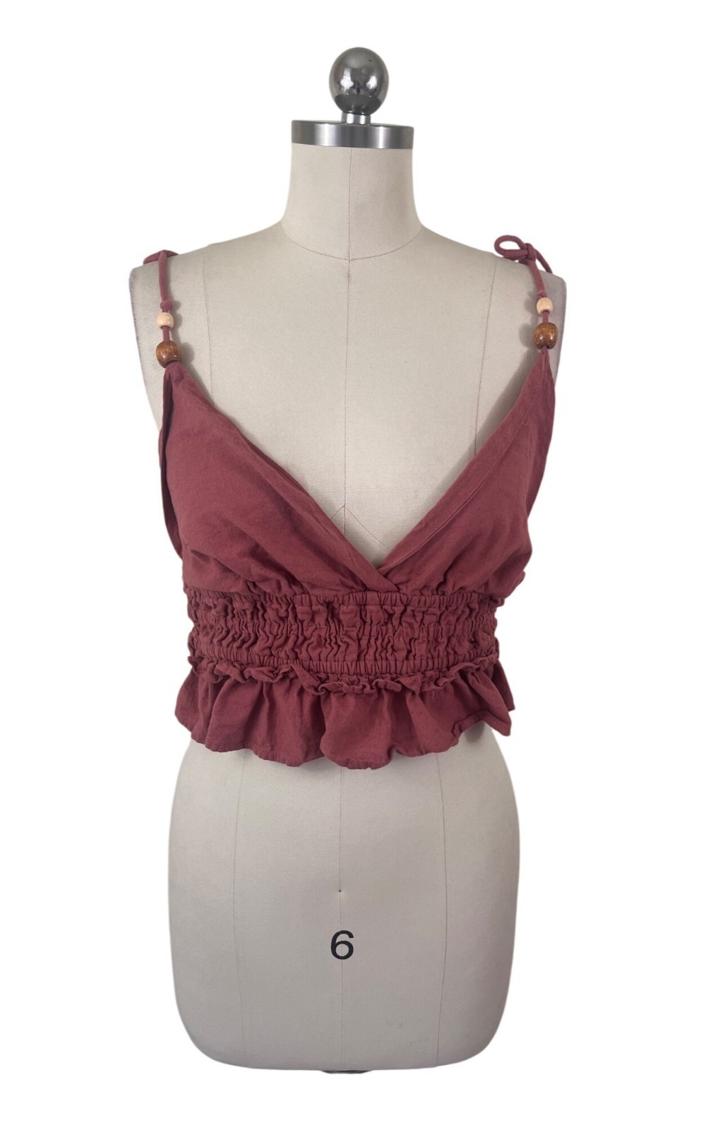 Boho-Chic Smock Ruffle Crop Top Womens M-L Terrocota V-Straps Free Spirit Indie