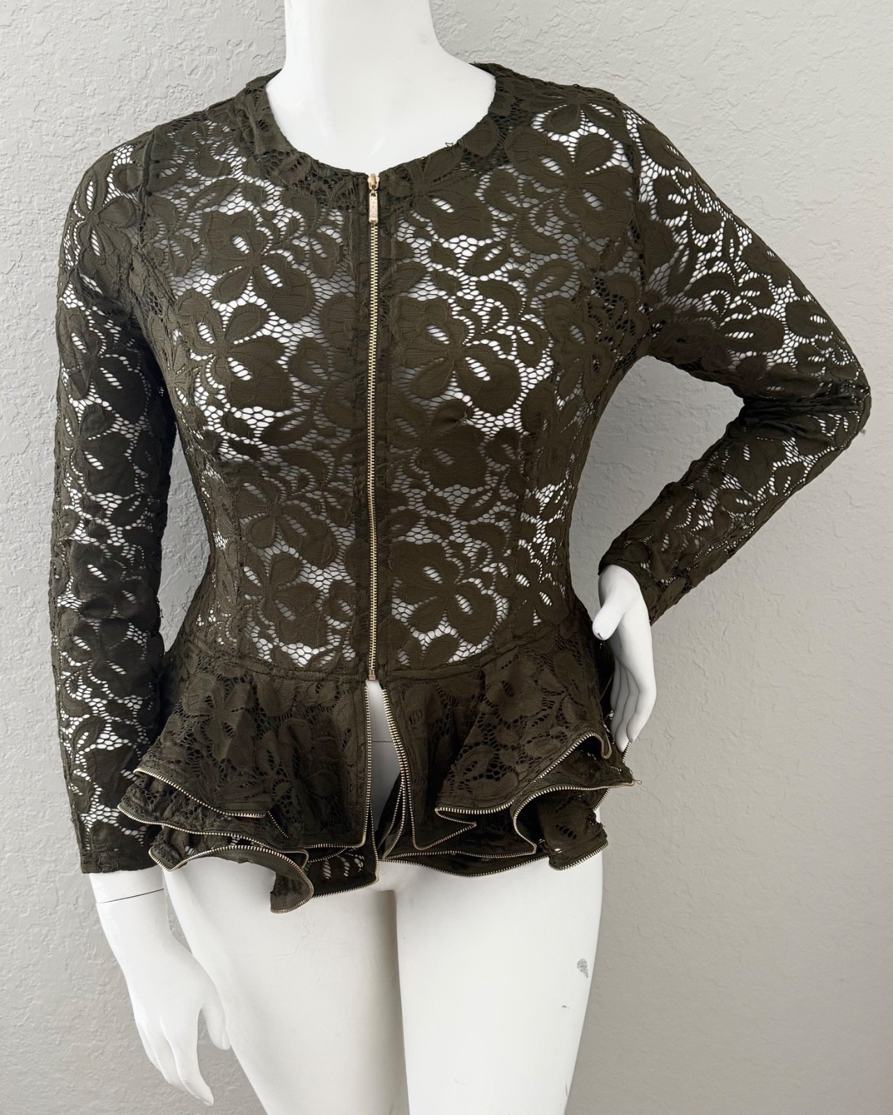 Oh Yes Lace Peplum Top Jacket Zipper Accents Olive Green Plus 1XL 2XL 3XL – New!