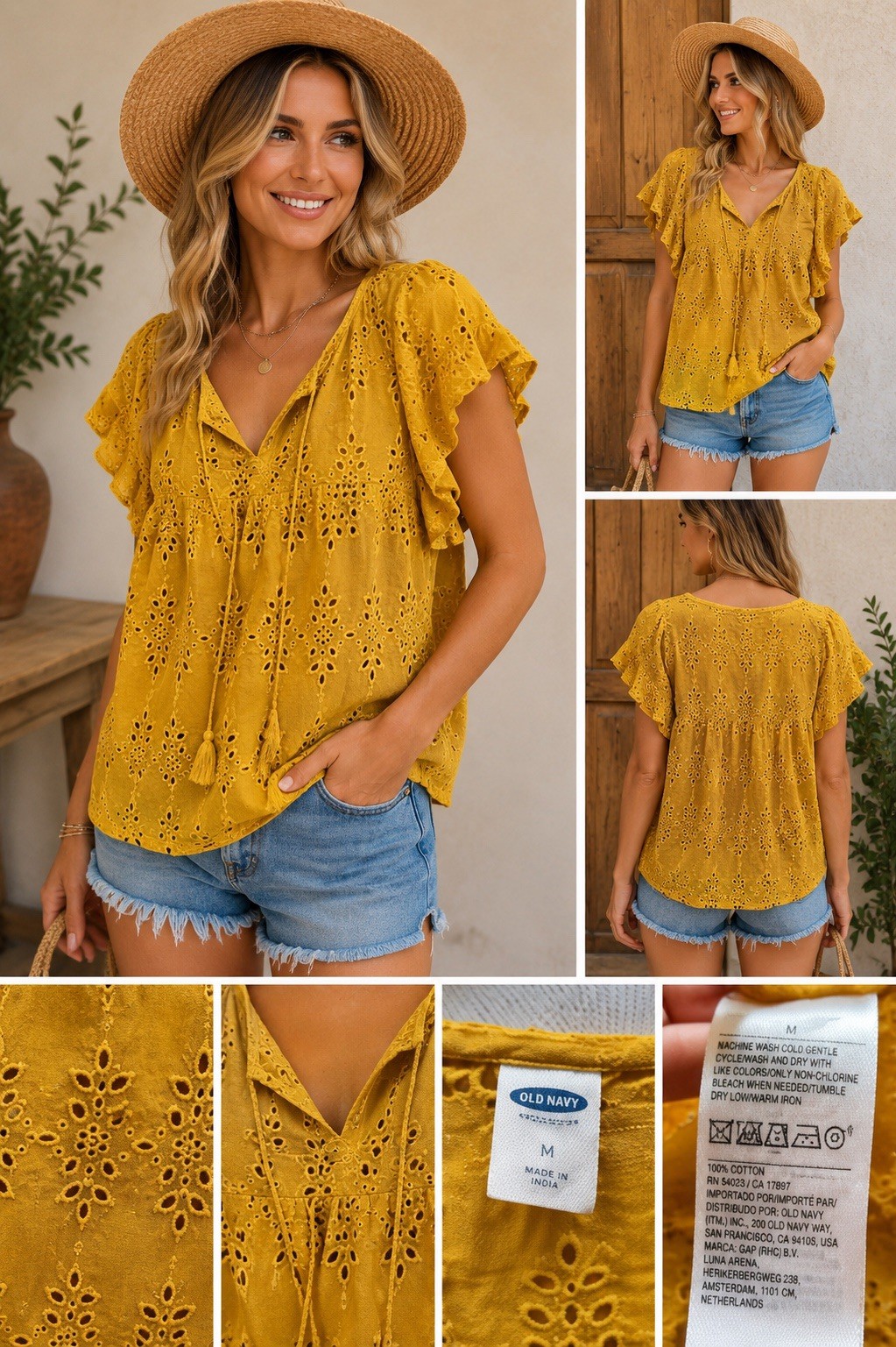Old Navy Mustard Yellow Eyelet Boho Blouse Flutter Sleeve Peasant Top Medium