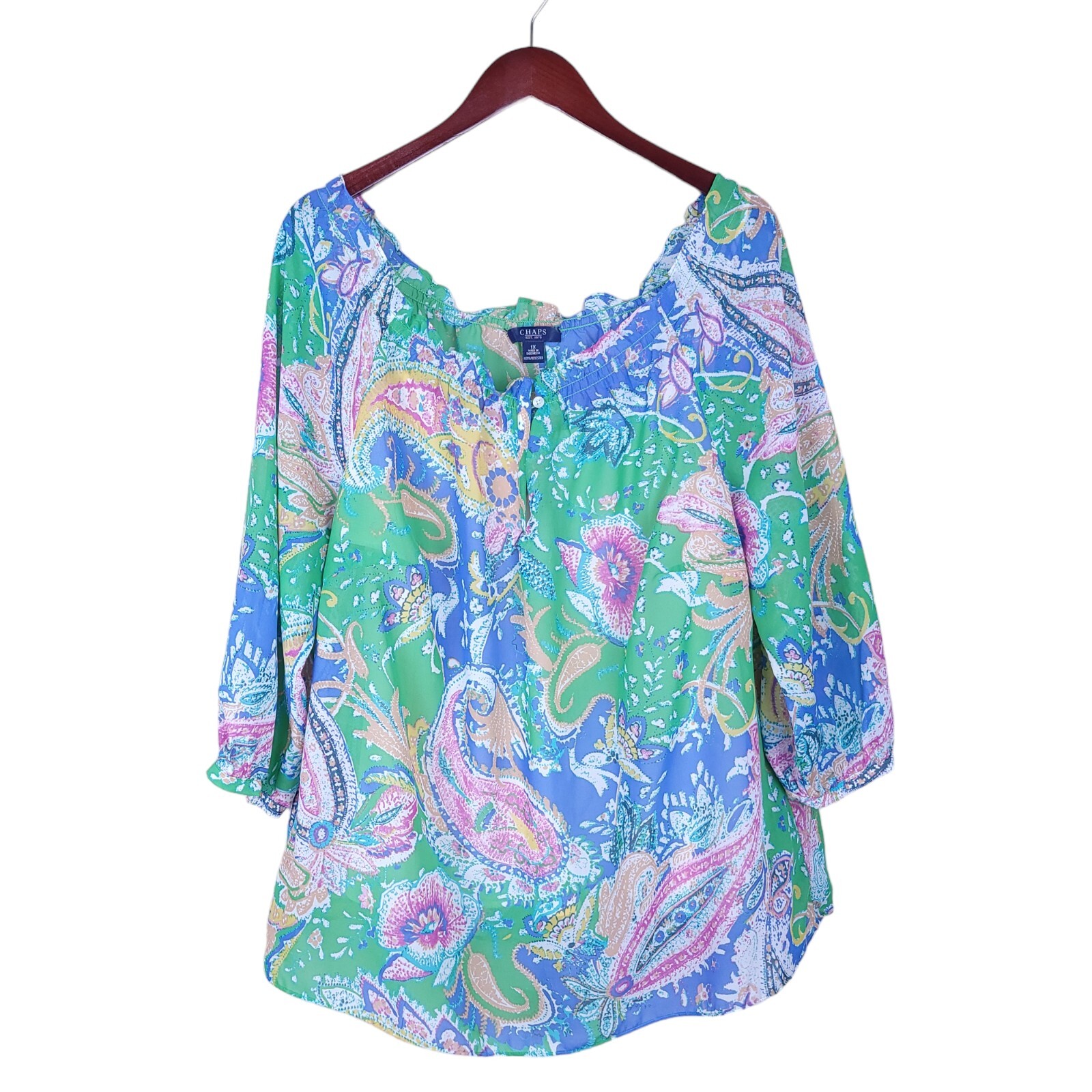 Chaps Blouse Cami Womens Size 1X Colorful Paisley Print 3/4 Sleeve 2 Piece Set