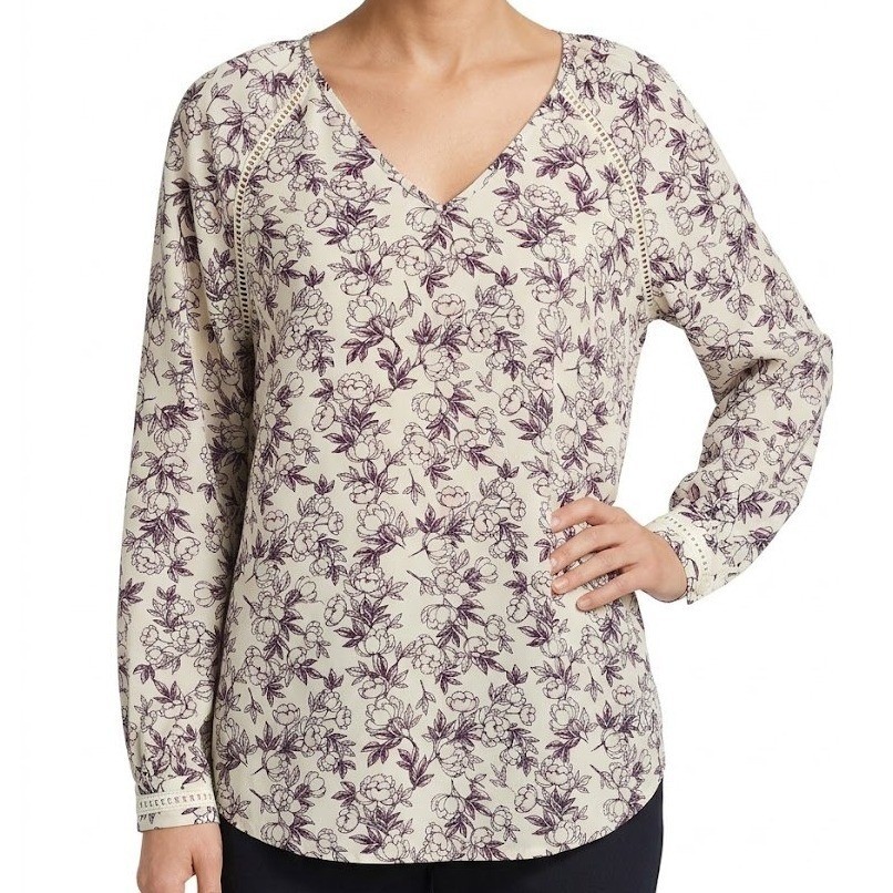 Cooper & Ella V-Neck Blouse Womens Medium Morganite Floral Lace Trim Long Sleeve