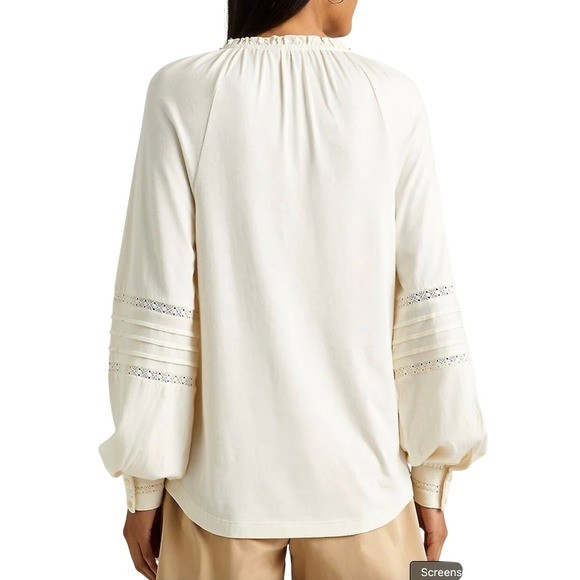 Lauren Ralph Lauren Long Sleeve Embroidered Tie-Neck Top