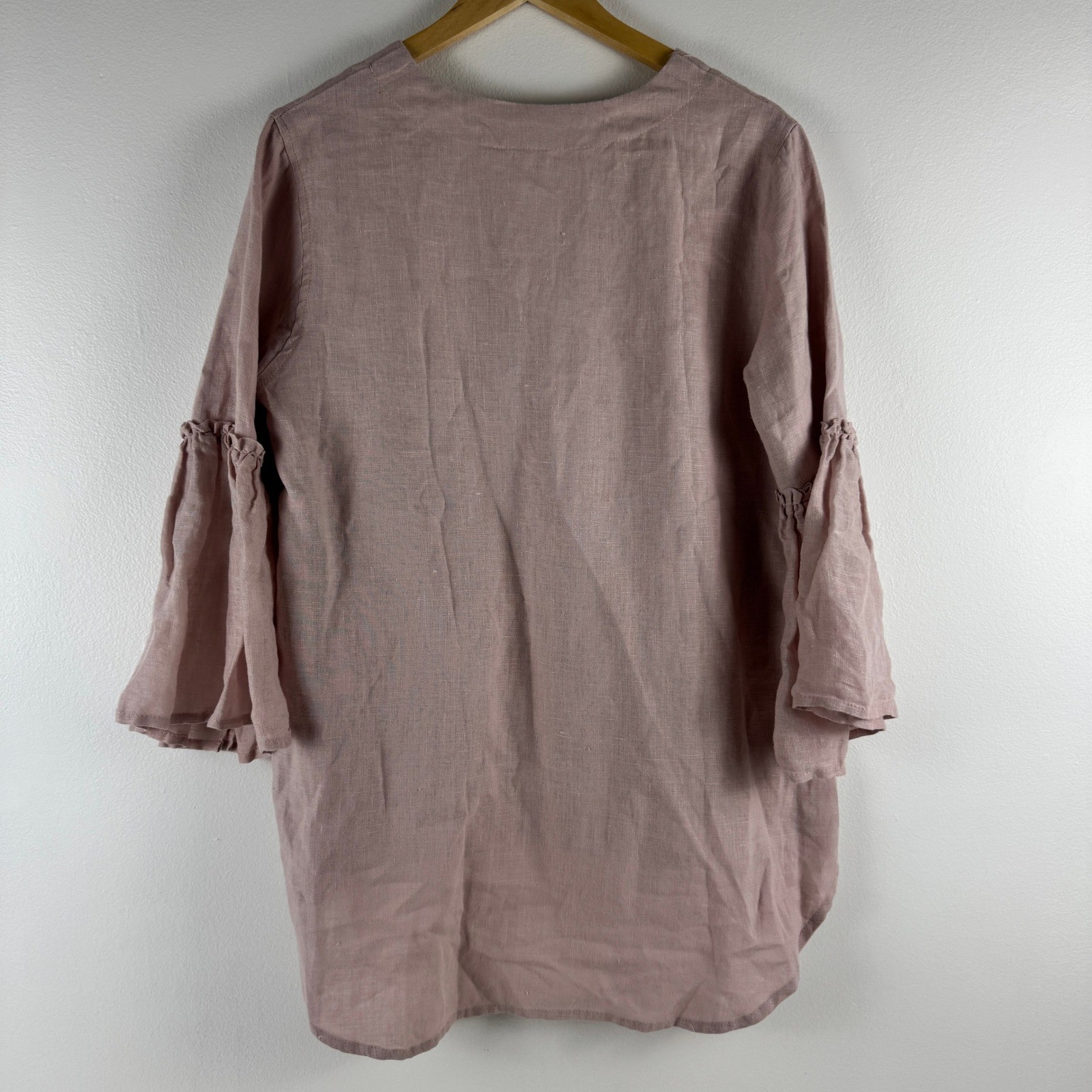 Crown Linen Designs Maya Top Dusty Pink 100% Linen Bell Sleeve V-Neck M