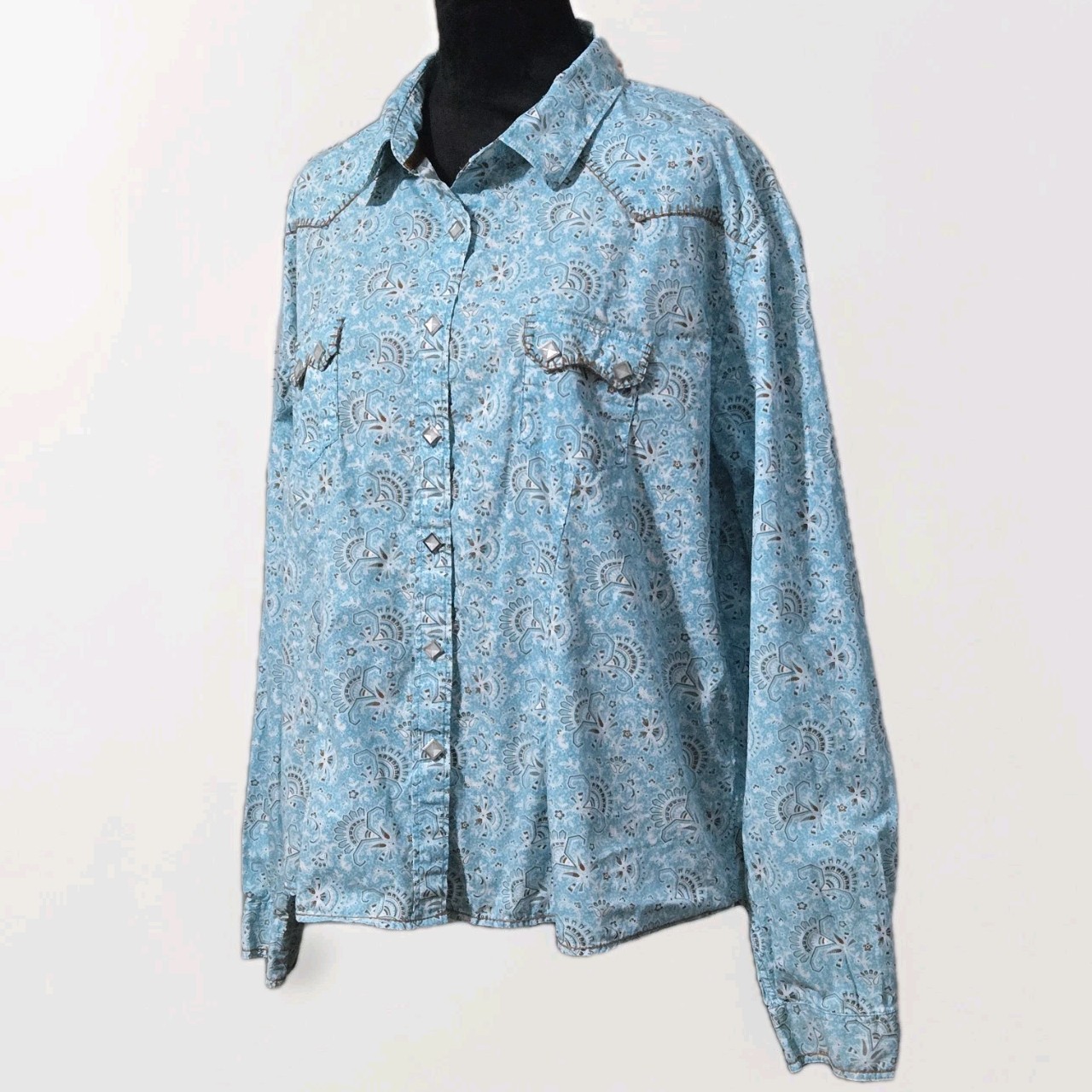 Panhandle Rough Stock Western Snap Shirt XXL Blue Geometric Cowgirl Rodeo Boho