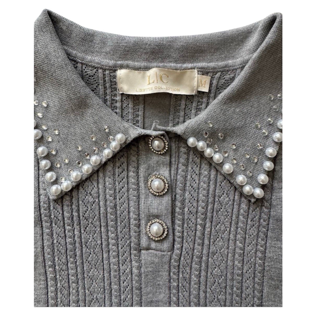 Lizette Collection Pearl Rhinestone Collar Short Sleeve shirt NEW