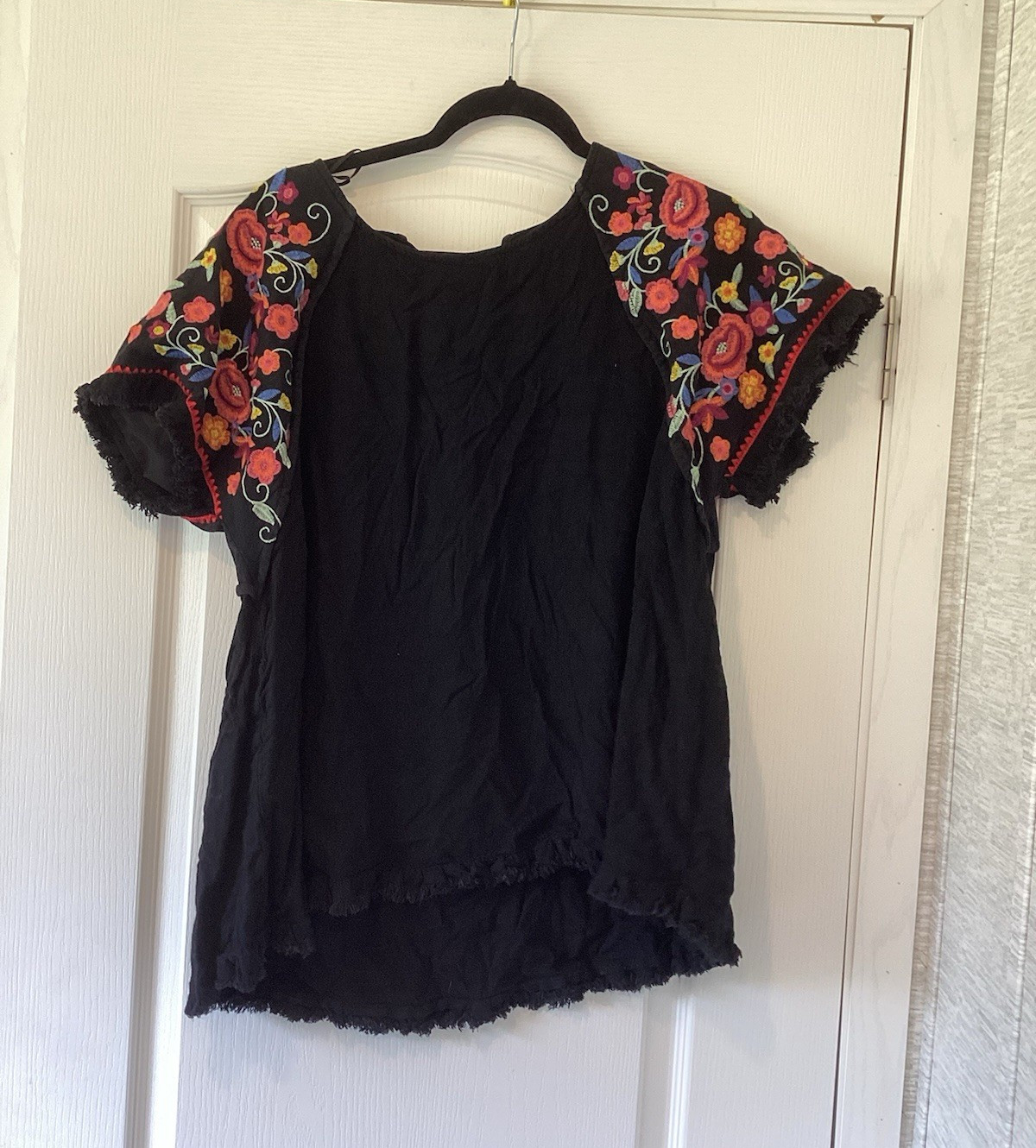 Umgee USA Black Multicolor Floral Round Neck Woven Linen Cotton Blouse XL EUC