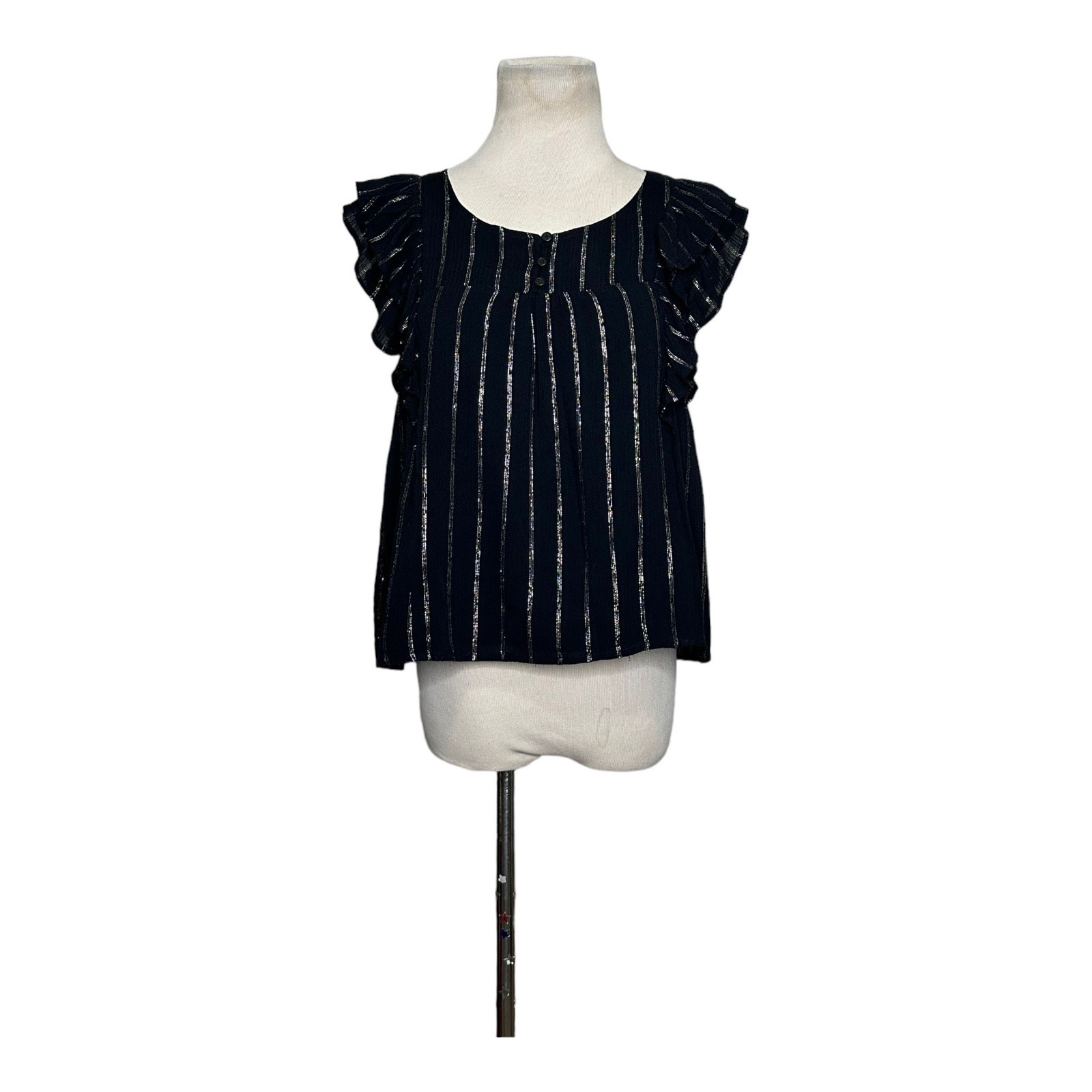 BB Dakota black silver stripes ruffled short sleeves blouse size Small