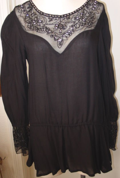 Women’s Blouse Top Black Embroidery Beads Long Sleeves Drawstring Krista Lee NEW
