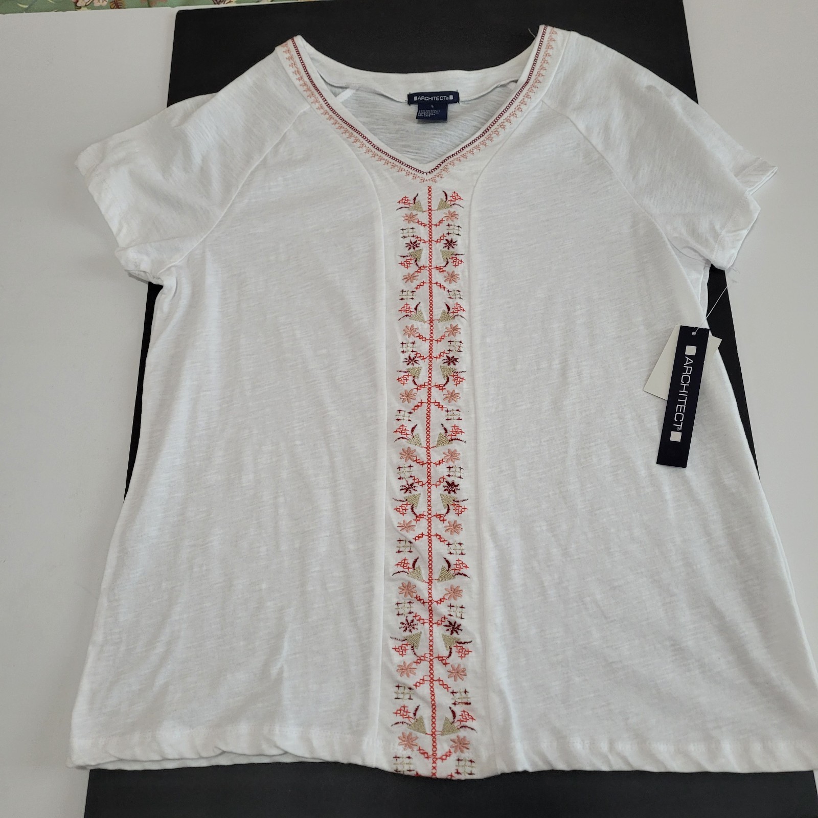 Architect Embroidered Boho Top Shirt Womens L Floral Gauzy White Orange New