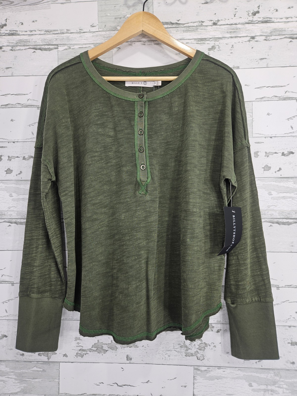 Billy T Womens Medium Parker Cotton Henley Army Green Raw Edges Lounge