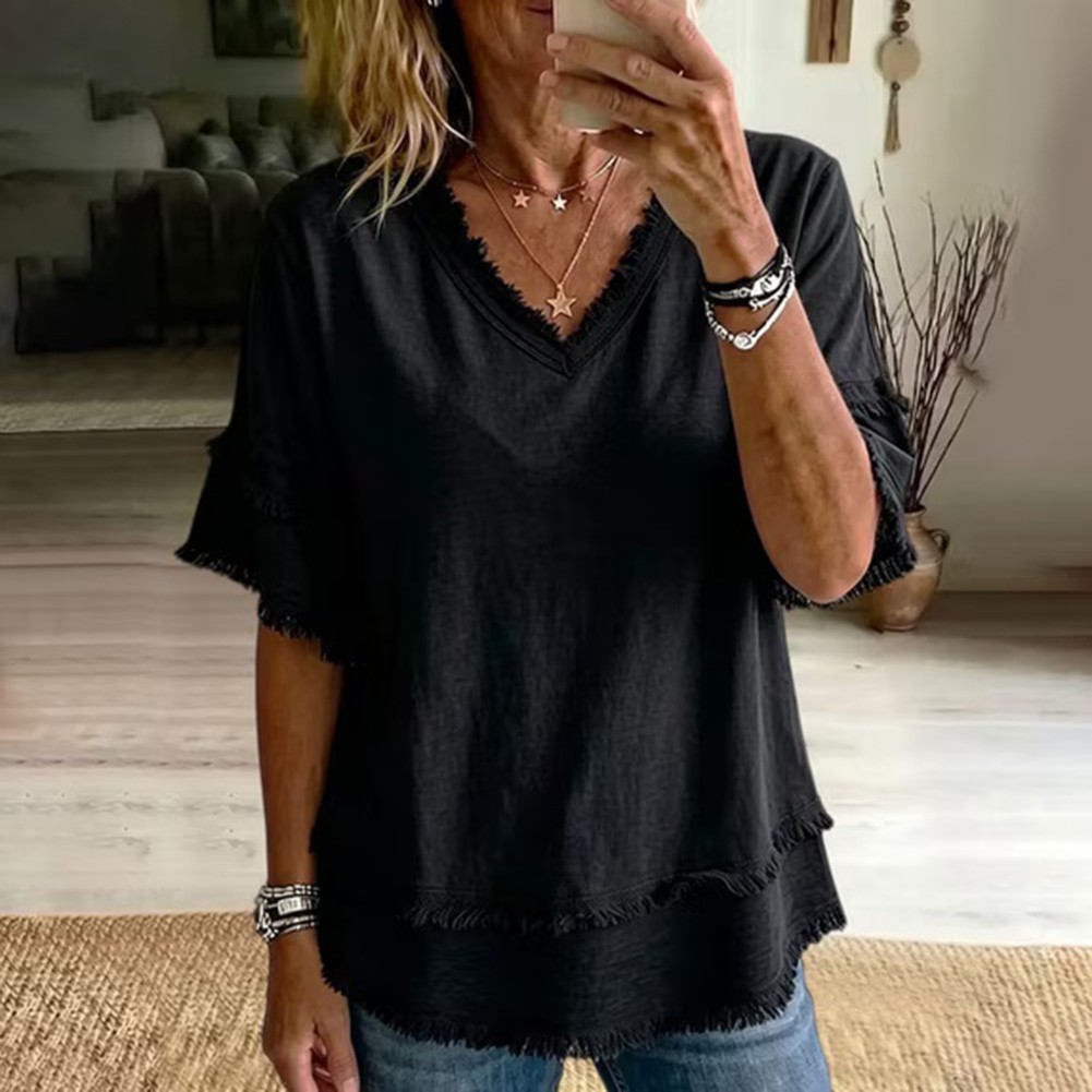 Casual Loose Fit Women’s Solid Color Short Sleeve Top V Neck Summer Polyester
