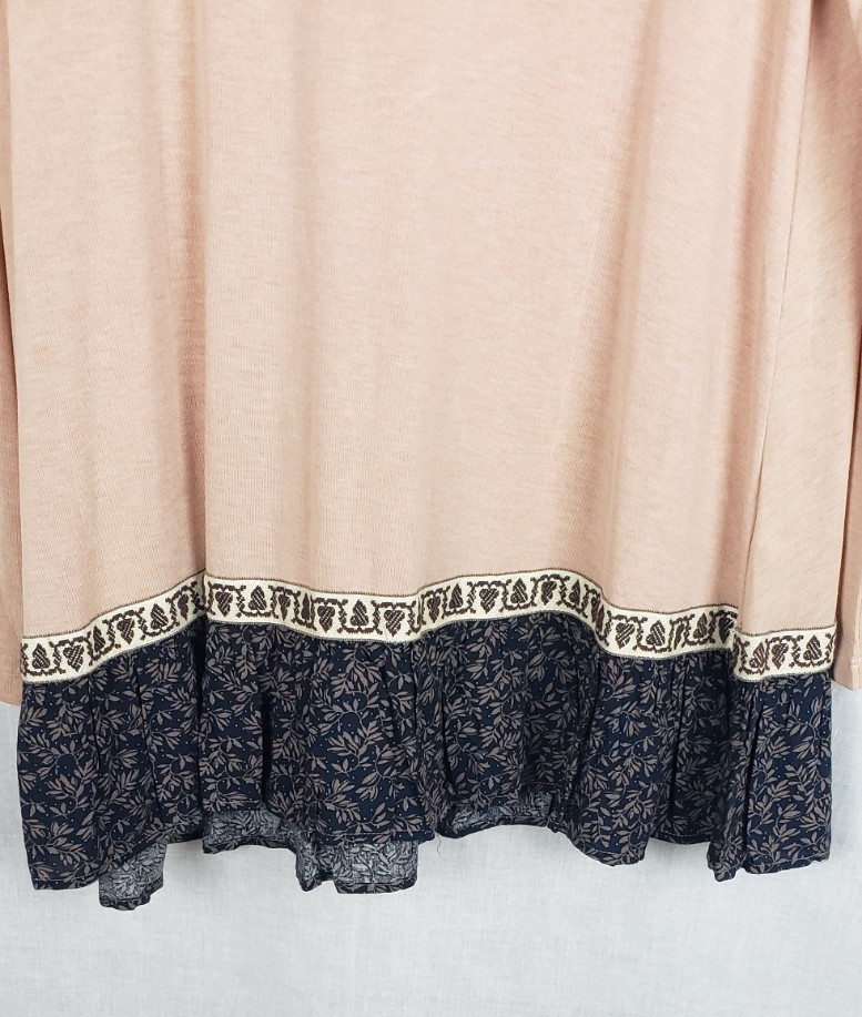 Easel Tunic Top Oversized S Tan Black Peplum Pleated Hem Casual Boho Peasant