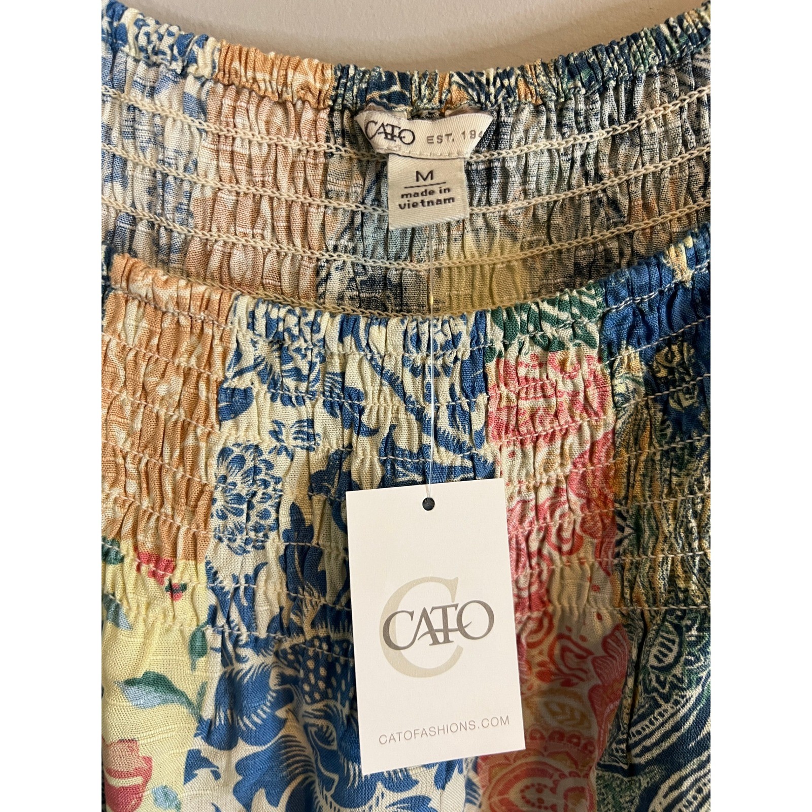 Cato Womens M Patchwork Floral Paisley Smocked Ruffle Bell Sleeve Blouse NWT
