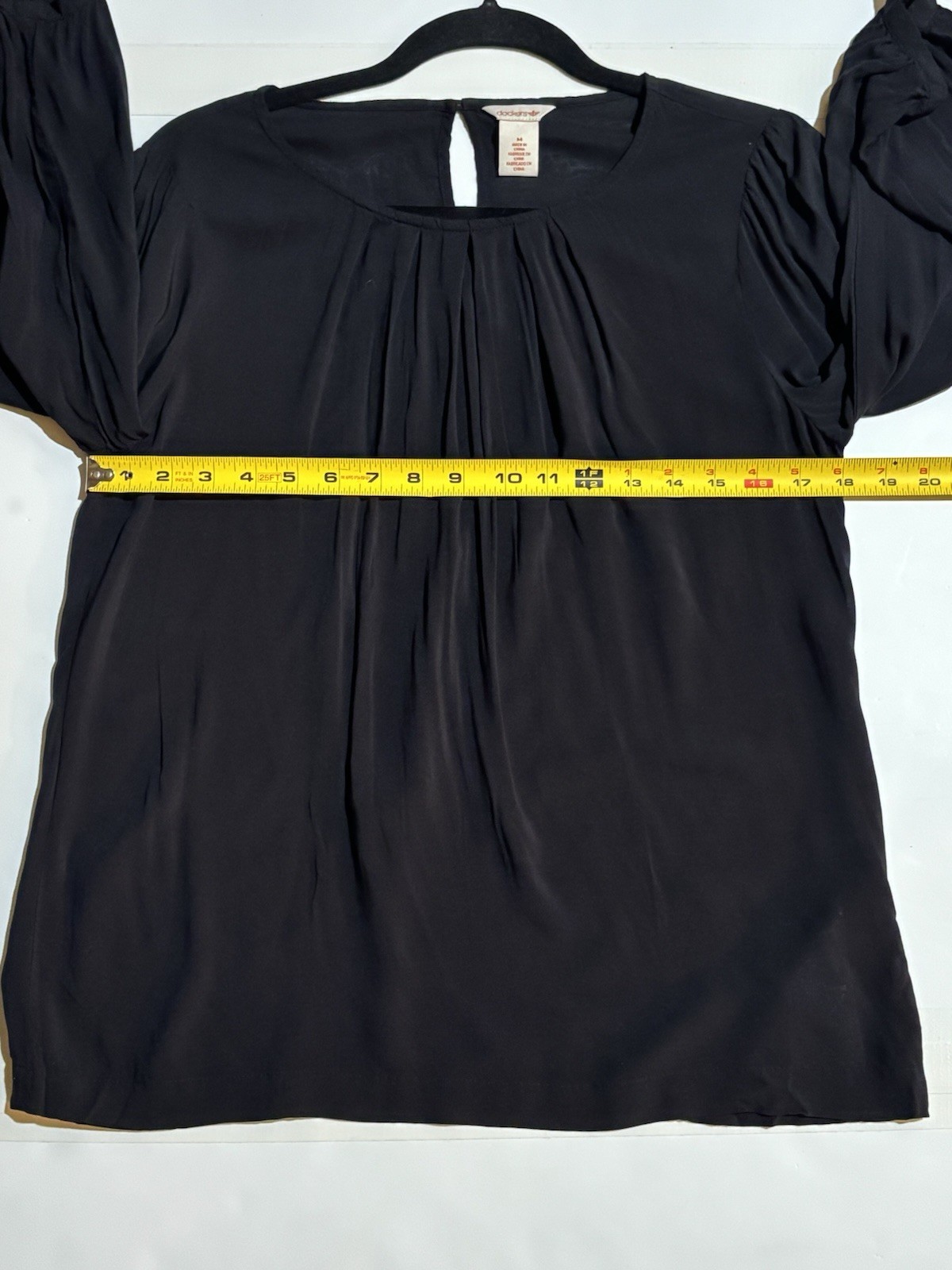 DOCKERS Blouse Women Sz M Black Goth Boho Tunic Round Neck L/S Pleated Front