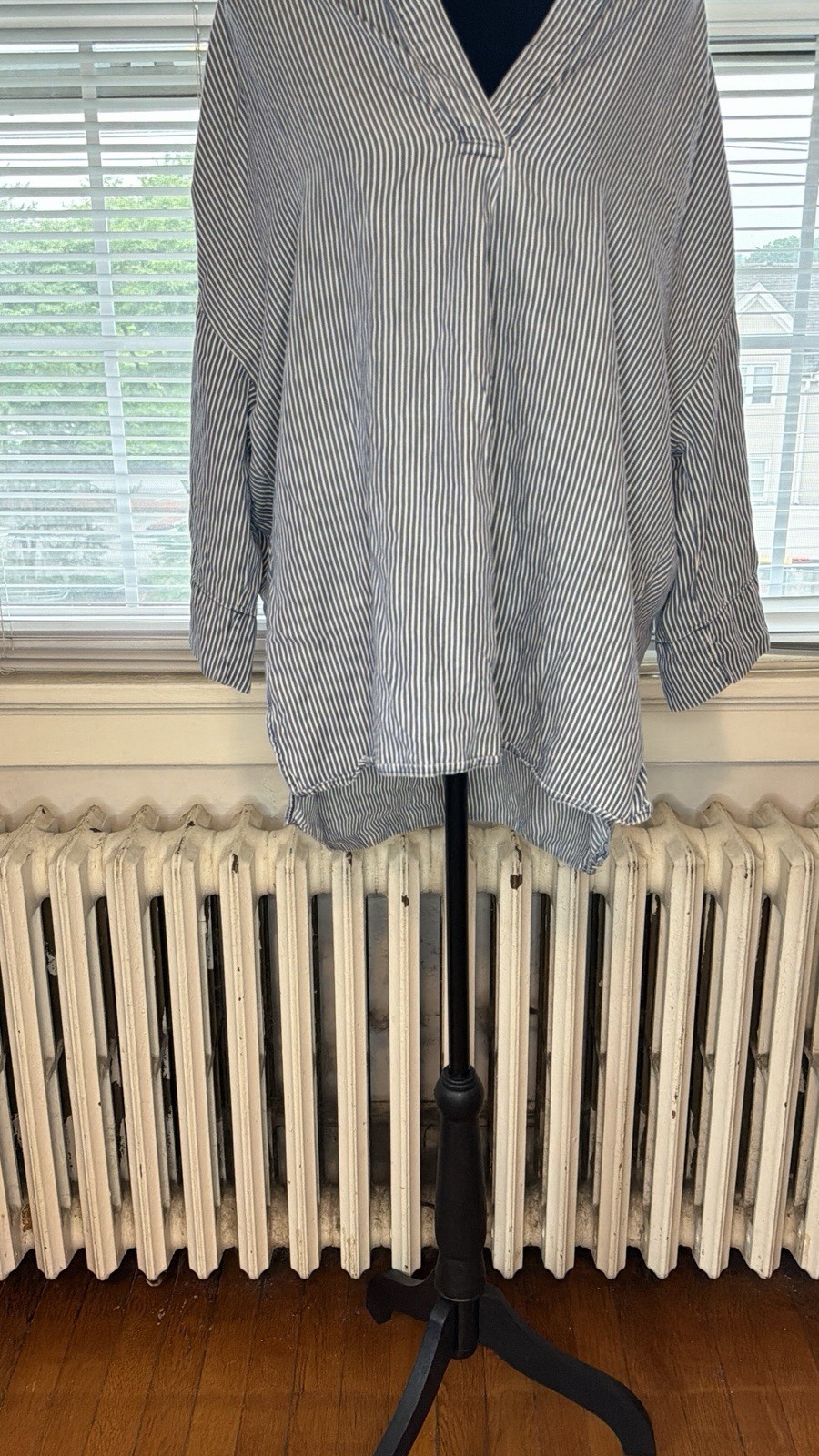 French Connection Blue and White Railroad Striped Tunic Collared Shirt