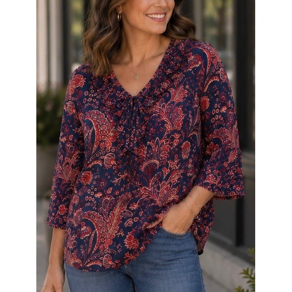 Lauren Ralph Lauren Womens Blouse Navy Blue Paisley XL Cotton Top Preppy Casual