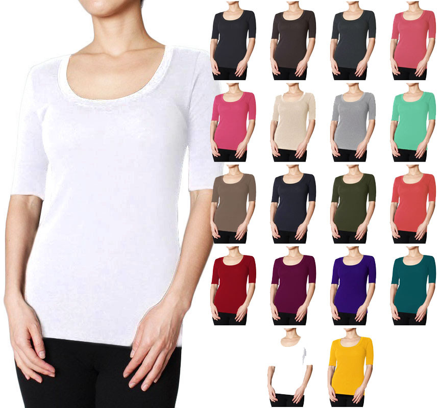 Scoop Neck Elbow Sleeve Cotton Blend T Shirt Top S ~ L