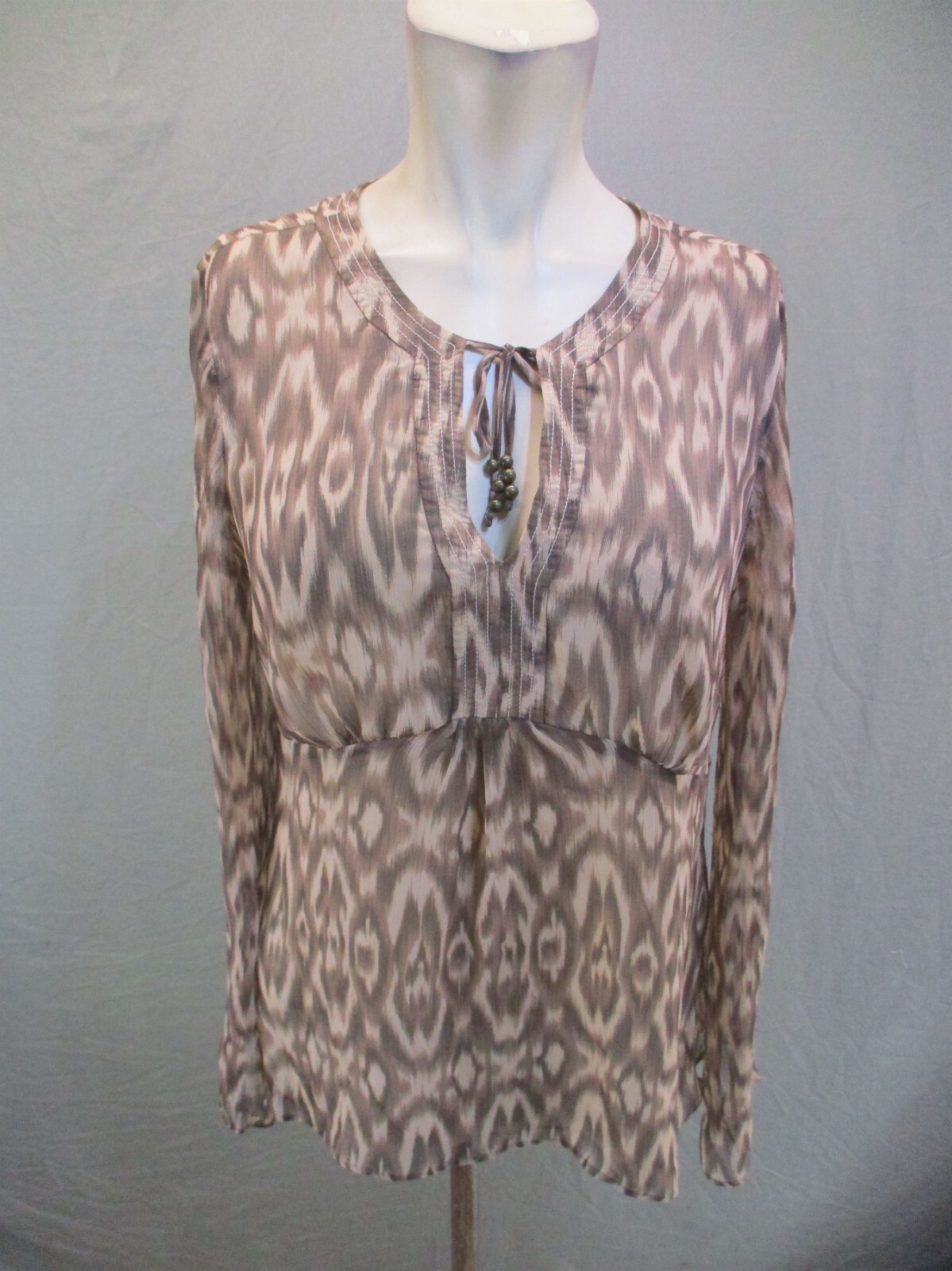 Ann Taylor Size 10 Womens Beige Drawstring Keyhole Long Sleeve Sheer Blouse 680