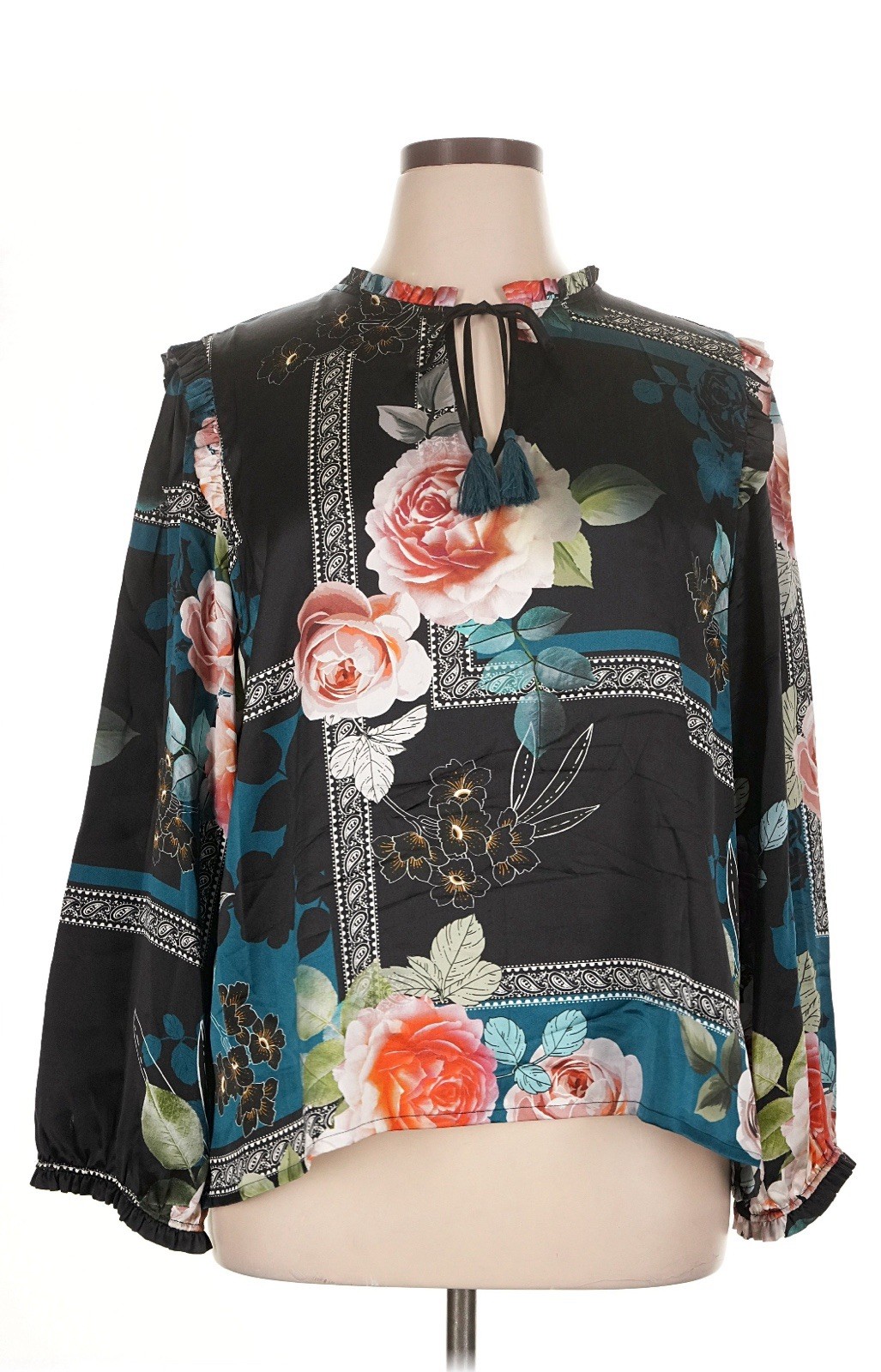 JOHNNY WAS Workshop Rosabel SILK Blouse XL Roses Romantic Floral Ruffles Classic