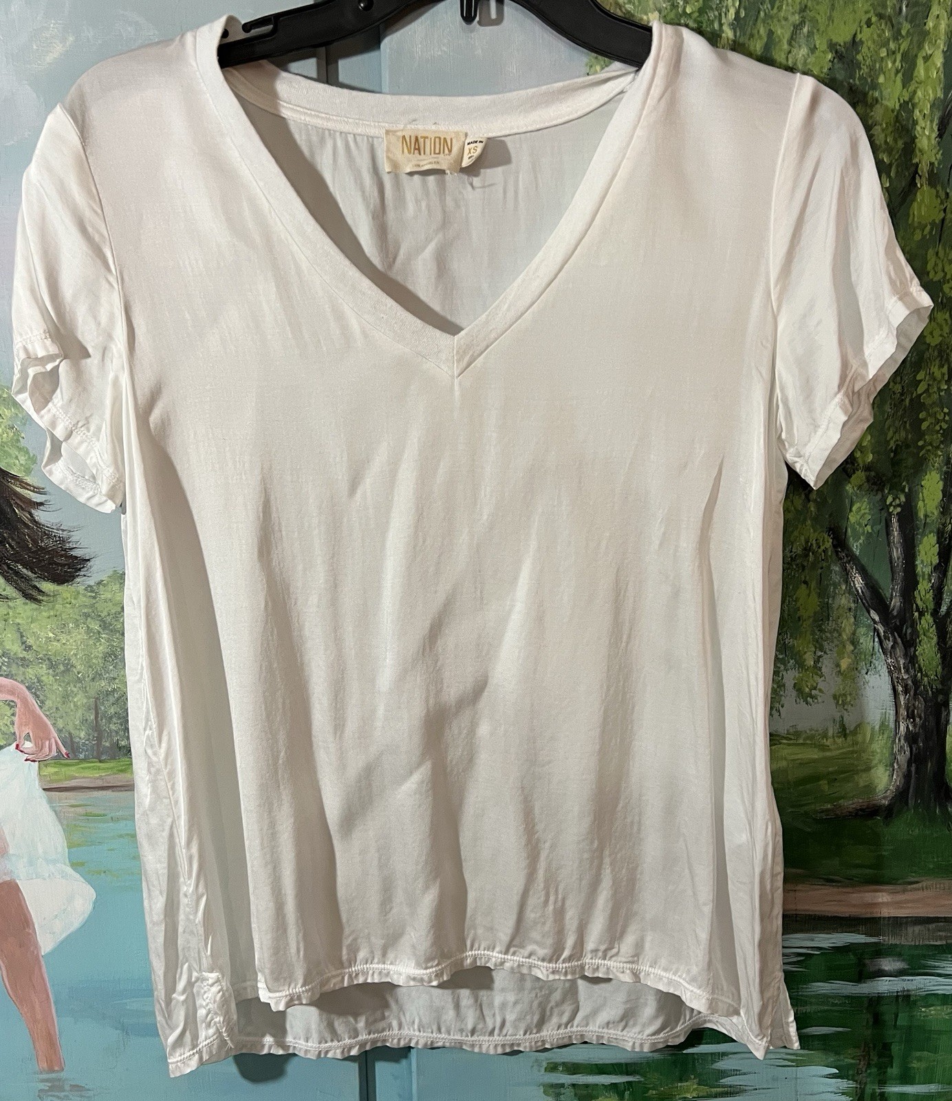 Nation LTD Women’s Basic White V-Neck 100% Viscose T-Shirt Short Sleeve Size XS