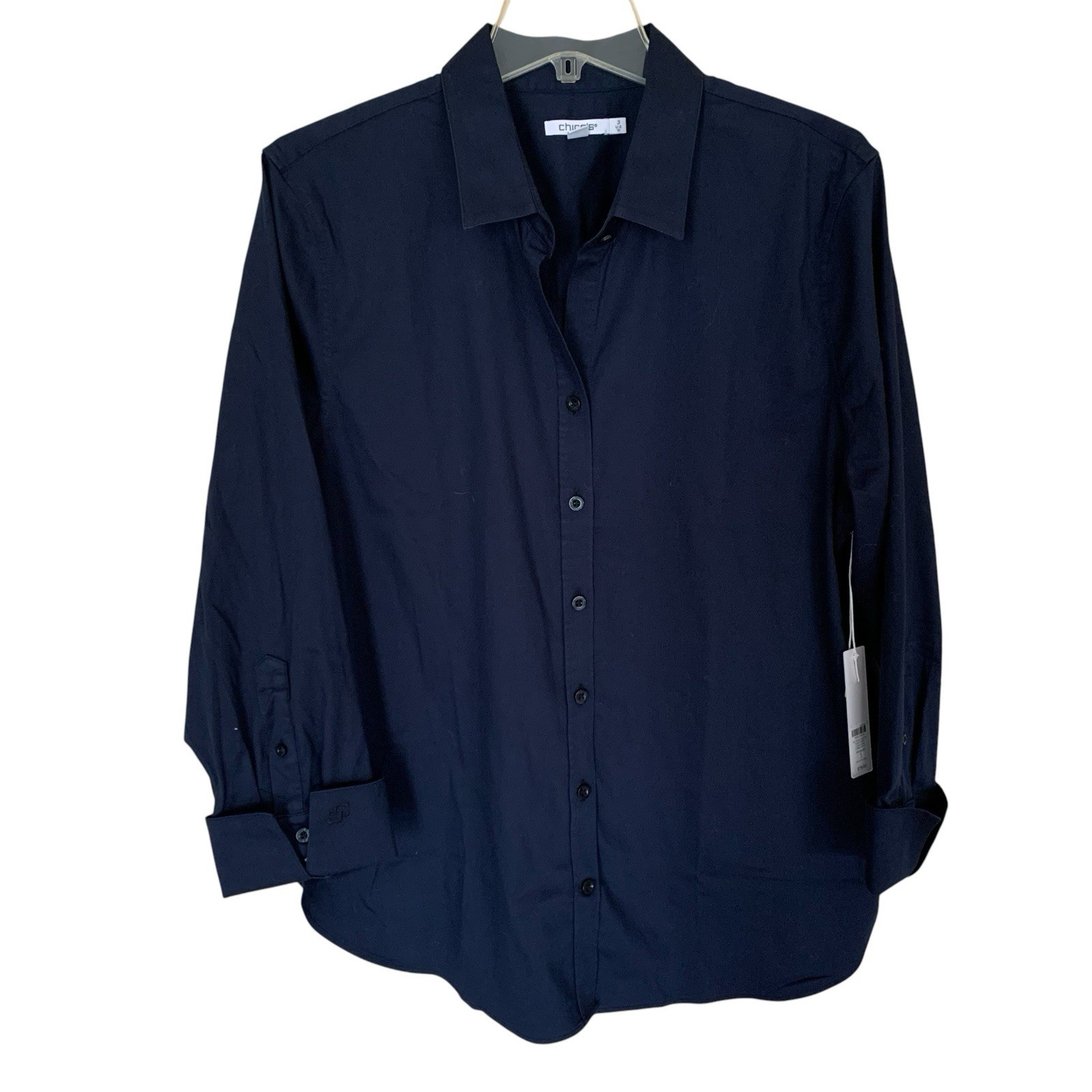 Chicos Women Sz.3 16 No Iron Button Up Navy Blue Stretch Flip Cuff Blouse NEW