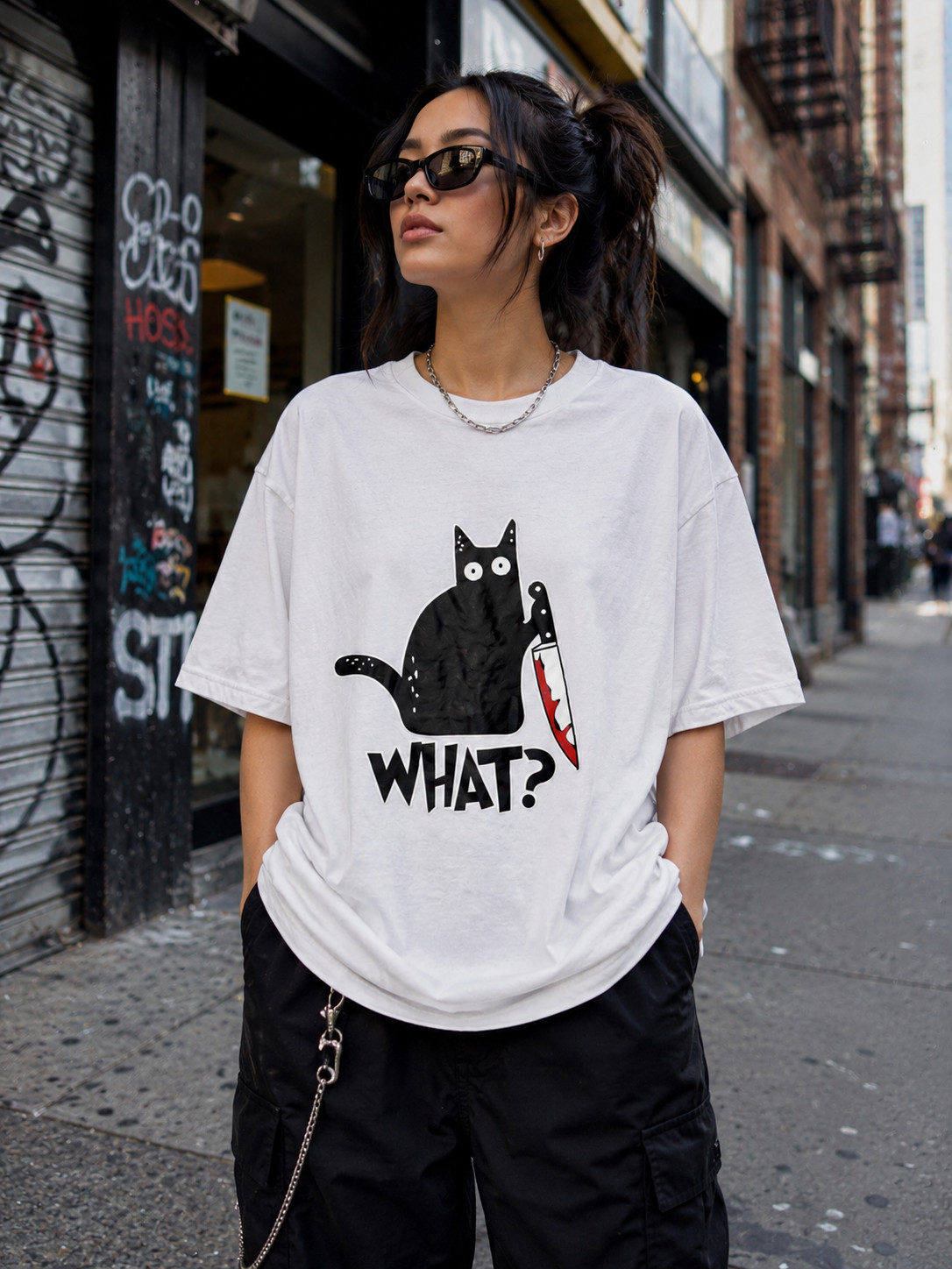 Black Cat What? Bloody Knife Graphic Funny Horror Goth Emo Kitty T-Shirt Sz M