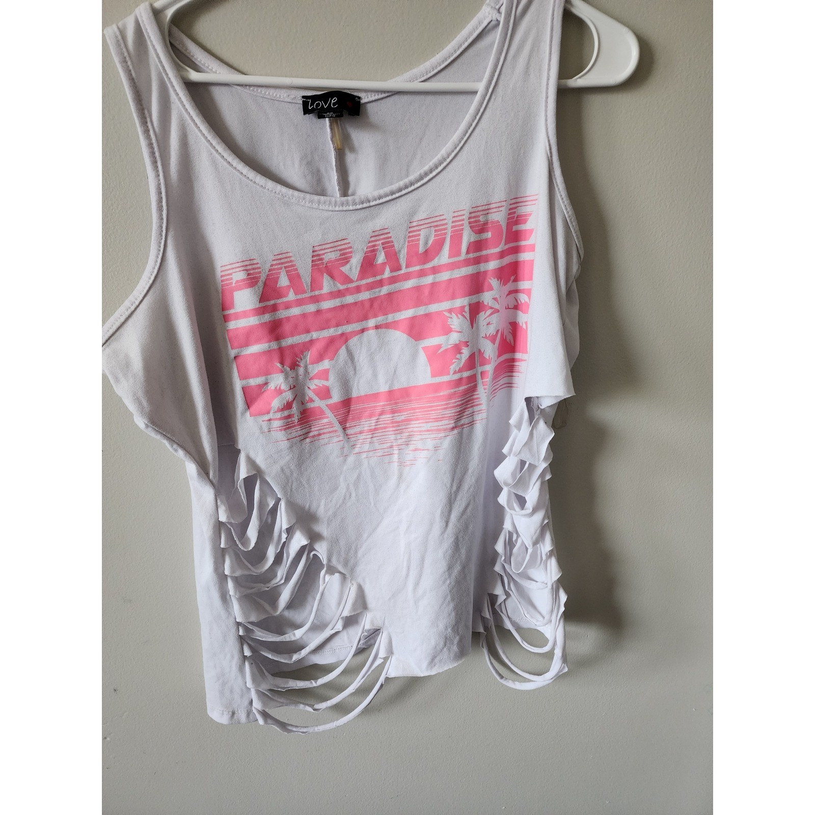 Love Paradise Graphic Tank Top White Pink Shredded Sides Plus Size 2X Summer