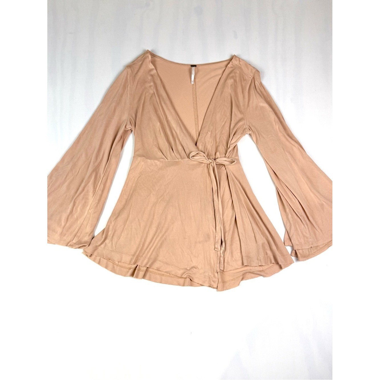 Free People Wrap Top XS Nude Blush Bell Sleeve Tie Waist Boho Stretch Blouse