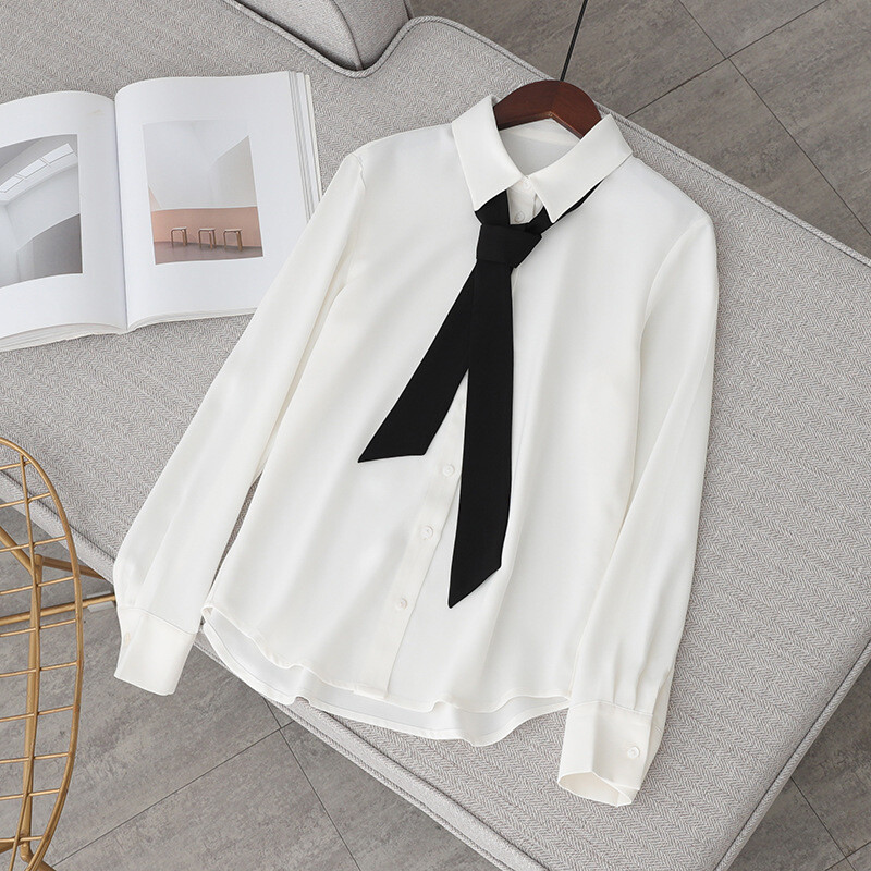 Womens Formal Black Bow Tie Long Sleeve OL White Blouse Shirt Top