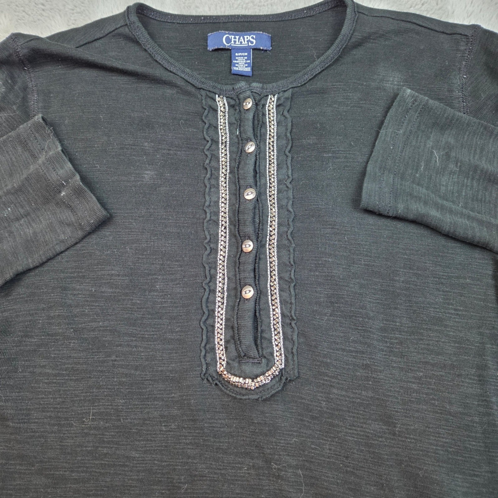 Chaps Beaded Ruffle Placket Henley Top Womens Small Black Long Sleeve Cotton