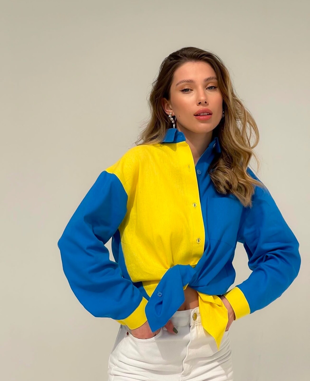 Shirt Blue Yellow Colorblock Oversized 100% Linen Long Sleeve XS S M L One size