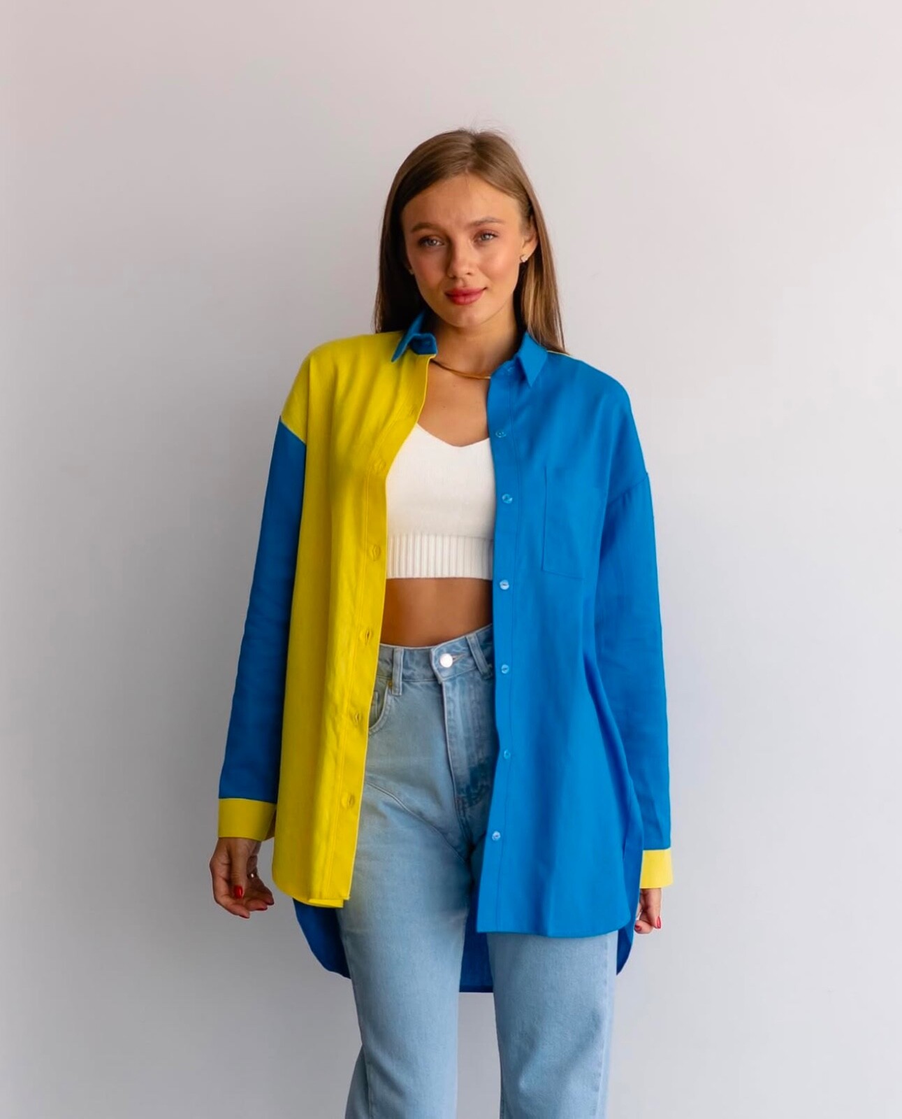 Shirt Blue Yellow Colorblock Oversized 100% Linen Long Sleeve XS S M L One size