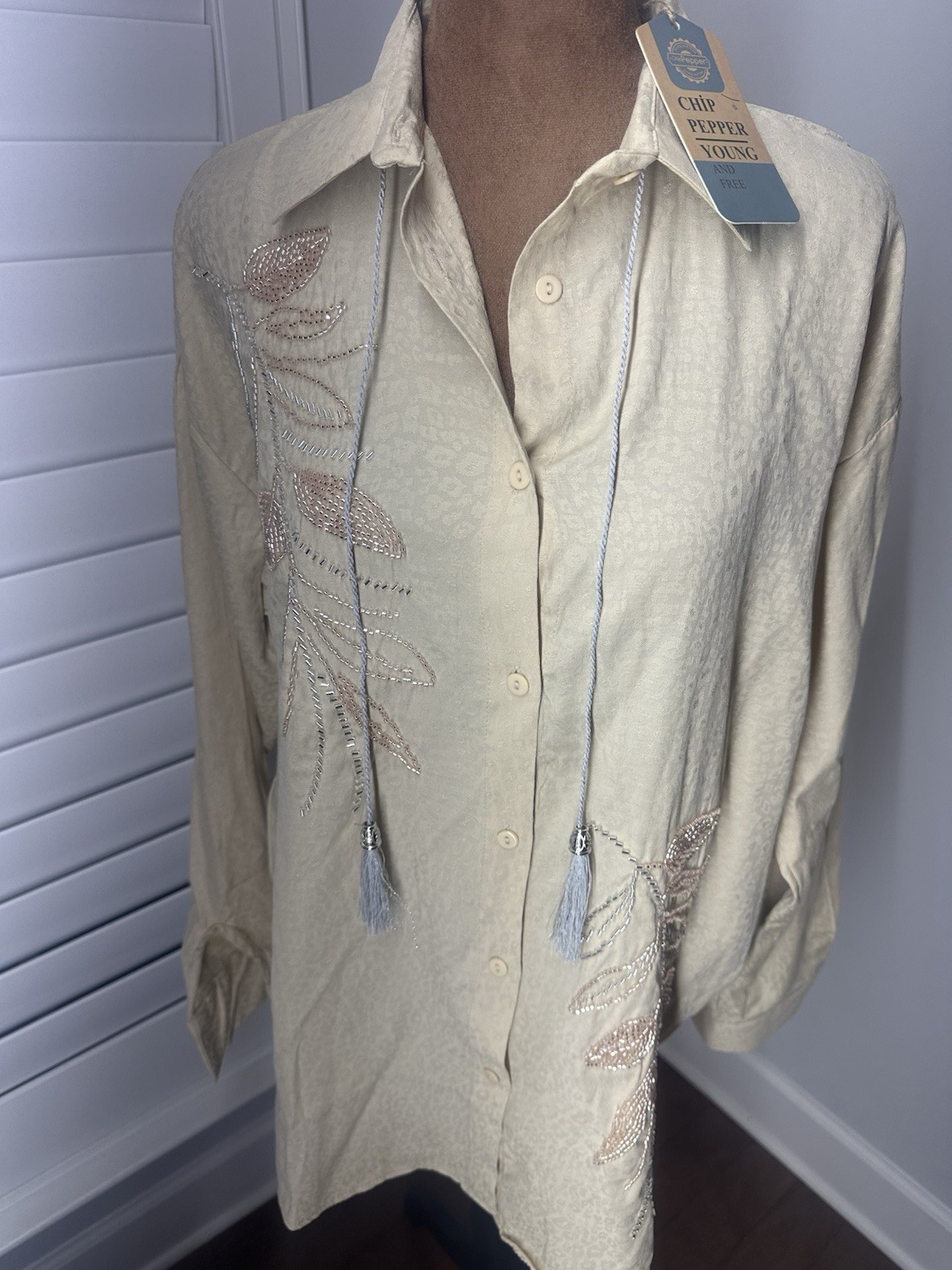 CHIP PEPPER WOMEN”S BEIGE EMBELLISHED BLAZER MINI DRESS LONG SLEEVES, SIZE XL