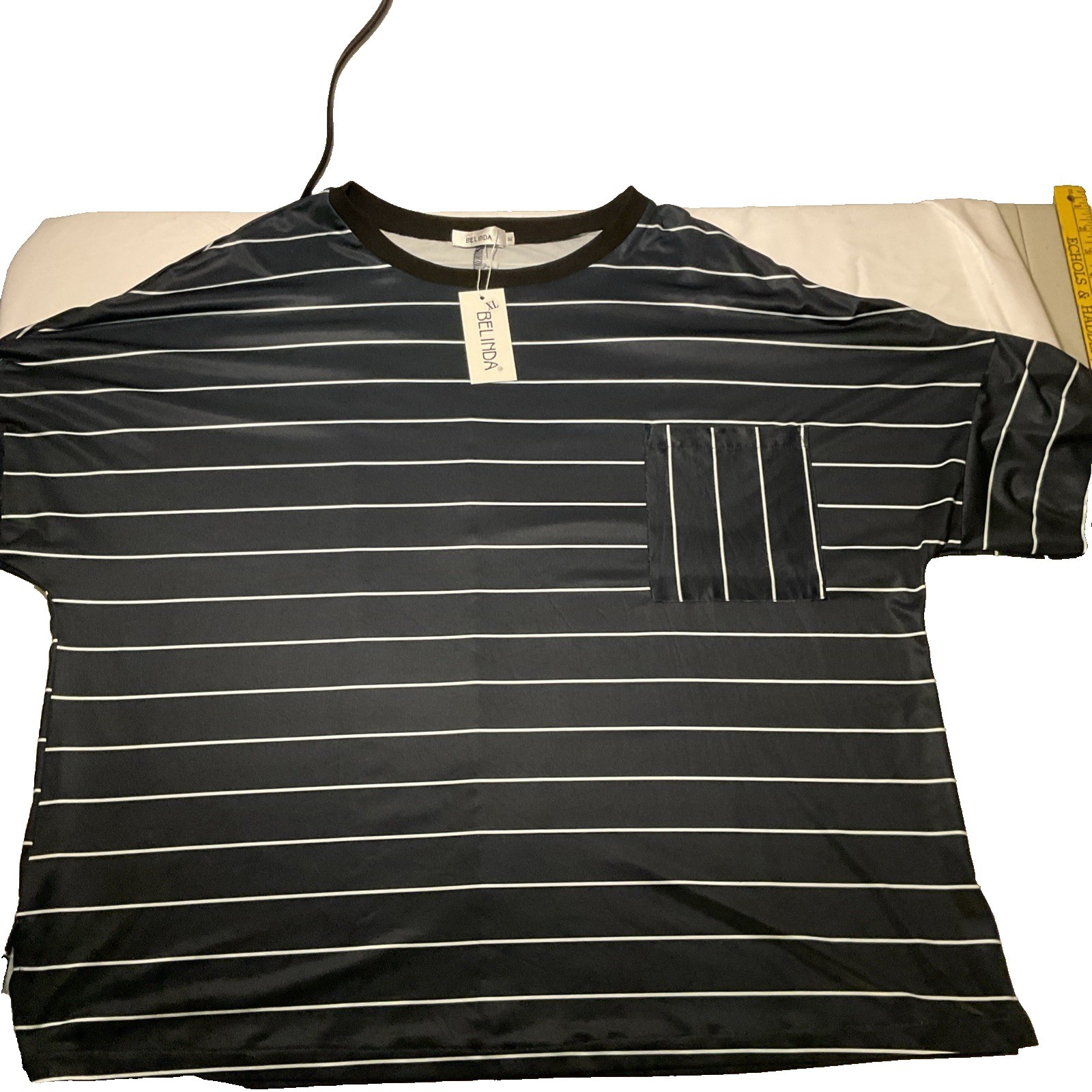 Belinda Striped Short Sleeve Pocket T-Shirt Black White XL New