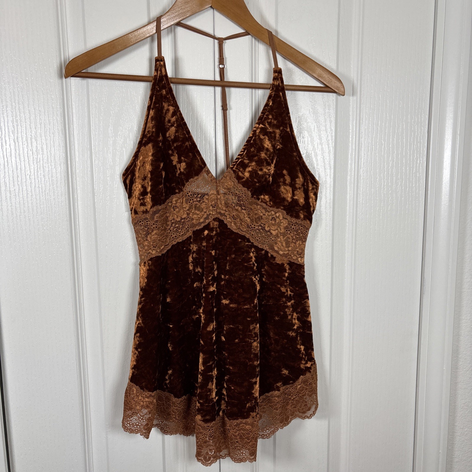 Intimately Free People Velvet Burnout Cami XS Chocolate Brown Babydoll Lace Trim