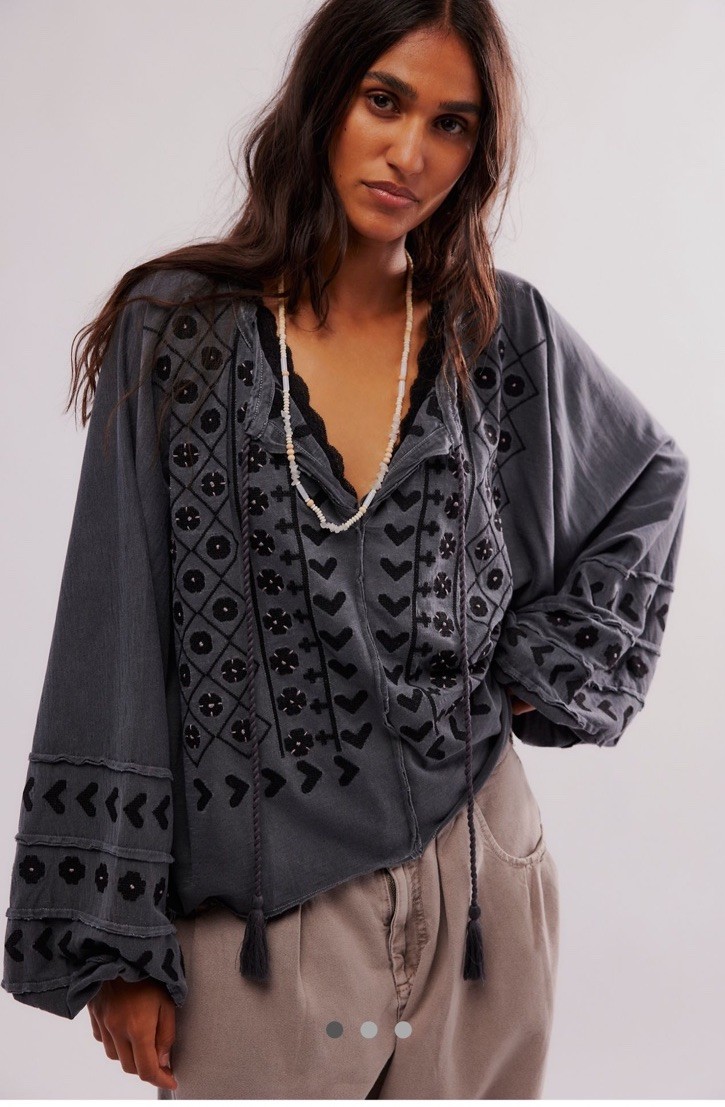 Free People Savannah Embroidered Top Balloon Sleeves Slouchy Washed Black XS NWT
