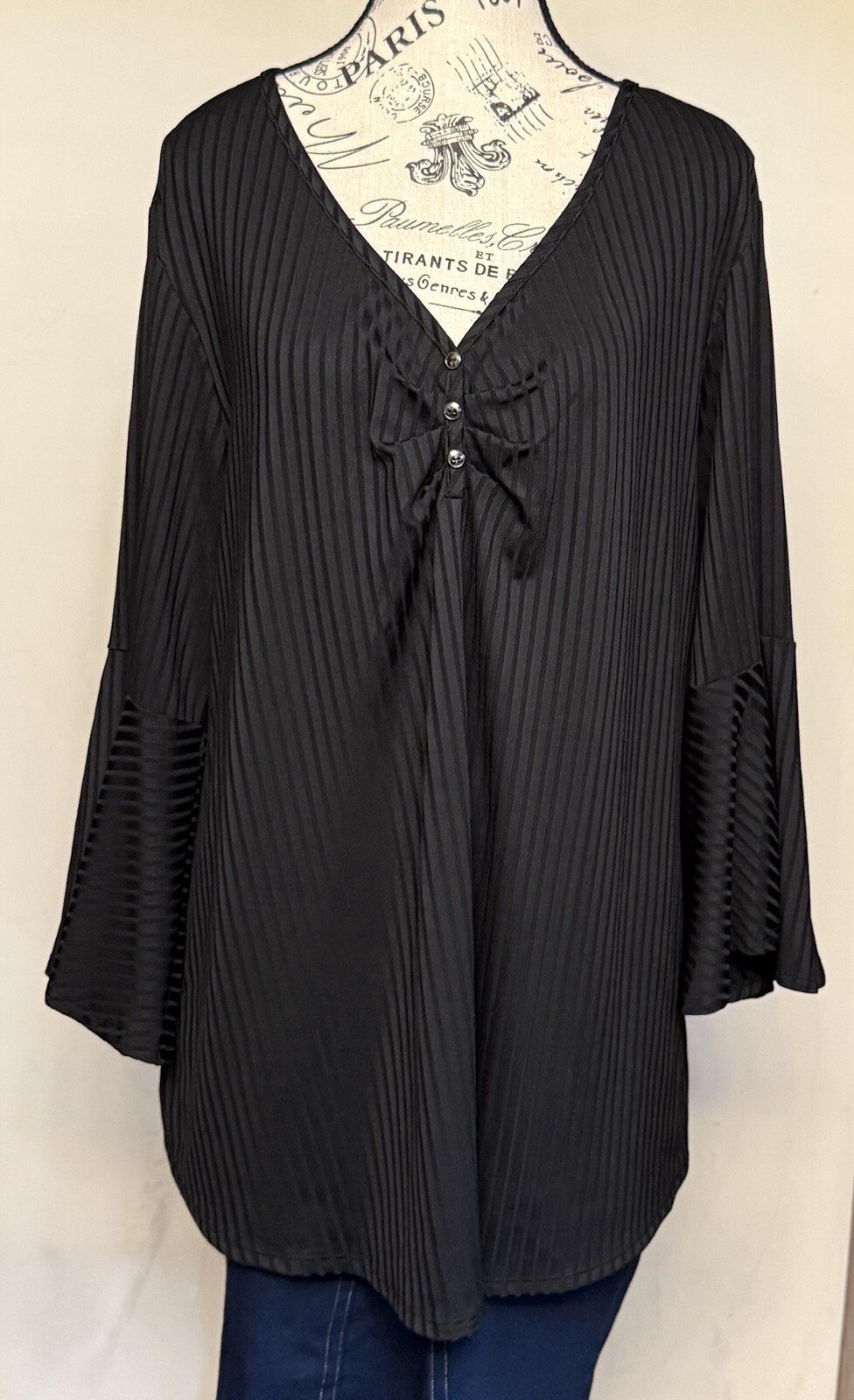 Sami & Jo Women’s 2X Rib Liquid Knit Blouse Black Flared 3/4 Sleeve B44