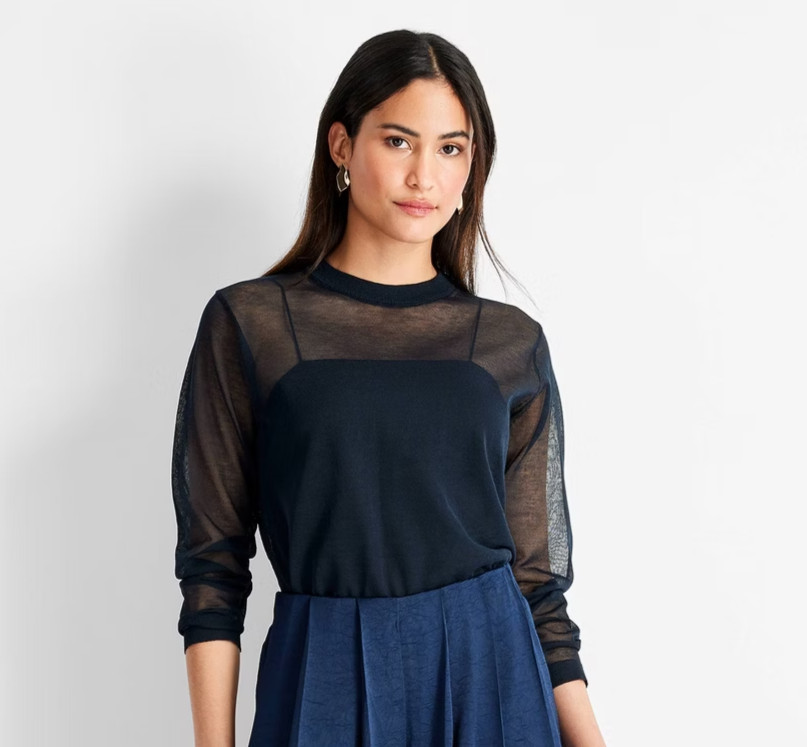 Future Collective Women’s Crewneck Sheer Blouse Navy Blue Size Medium