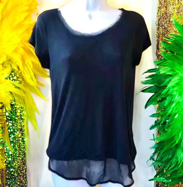 Femme By Tresics Black Blouse Top Cap Sleeve SHEER TRIM Womens size Small