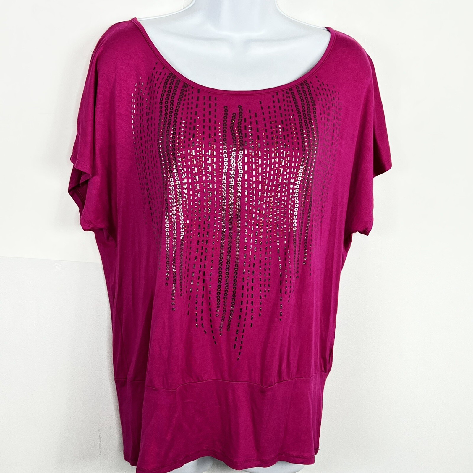 BLEU Top Sz L Hot Pink Short Dolman Sleeves Sequins Round Neck Studded Glam