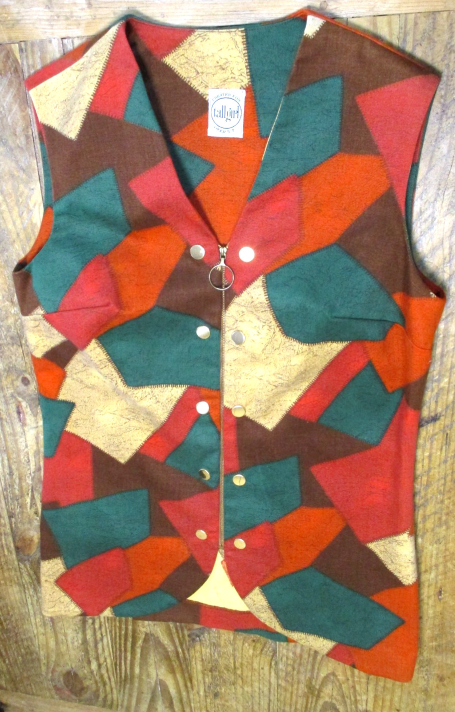 Vintage 80s SHELLY’S Tall Girl Patchwork Gold Zippered Vest Women’s Size 16 EUC