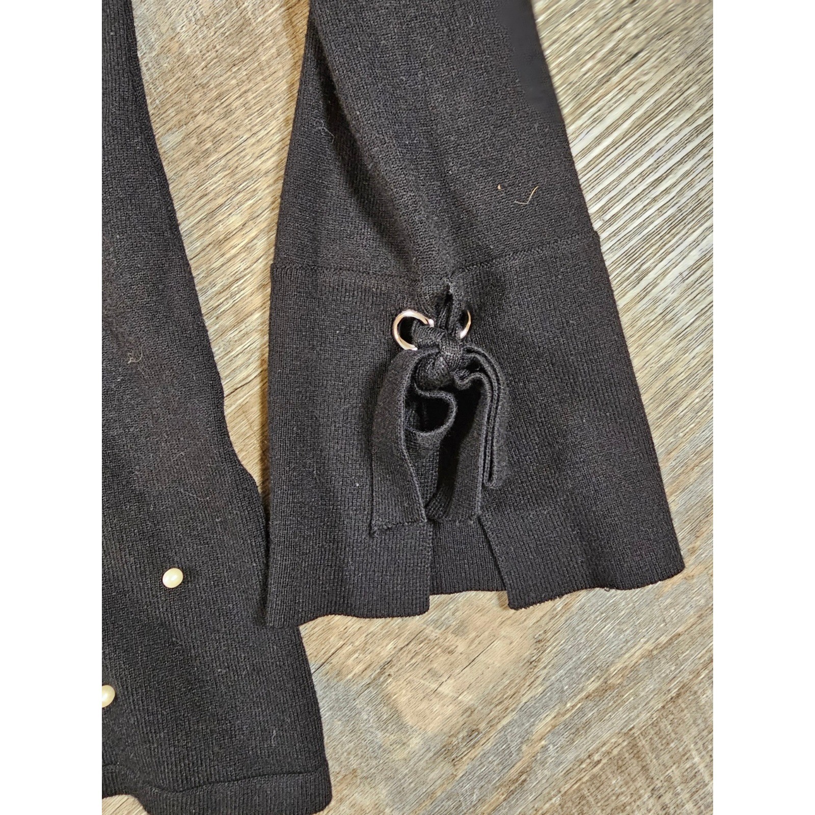 Marie Claire Boutiques Black Pearl Embellished Knit Top Tie Cuff Long Sleeve